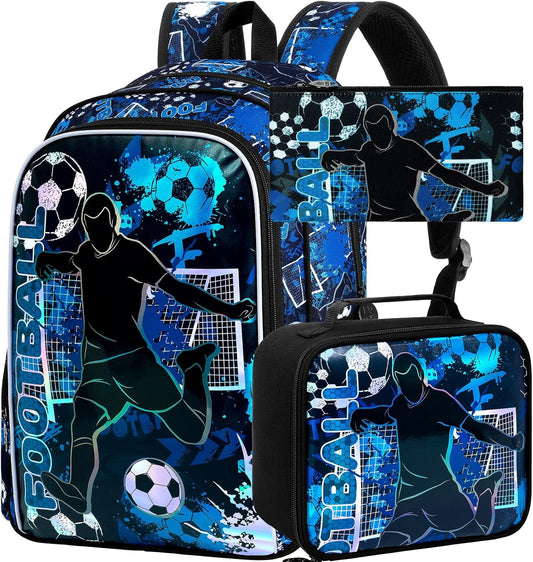 AGSDON 3PCS Kids Backpack for Boys, 17" Football Backpacks with Lunch Box, Water Resistant and Lightweight Bookbag for Teenagers