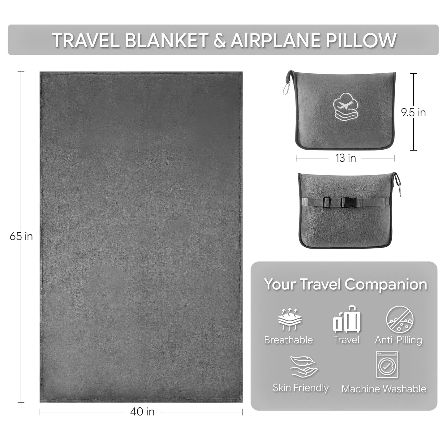 PEUJEW Travel Blanket, Soft 2-in-1 Airplane Blanket, 65x40 Inches, Travel Blanket Airplane Compact