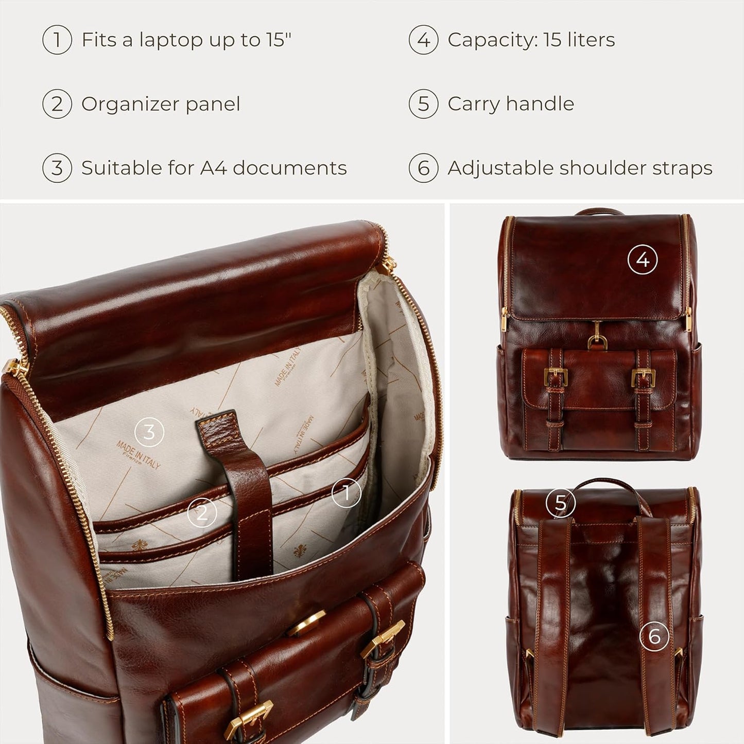 Time Resistance Leather Backpack - Laptop Travel Bag Rucksack up to 15” - Bag for Men and Women (Brown)