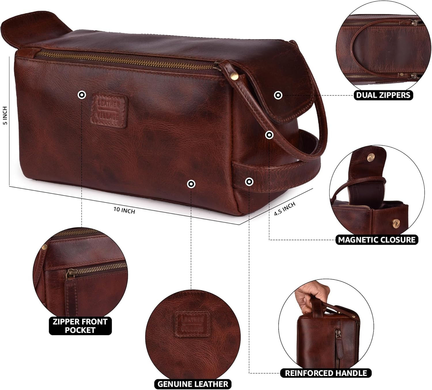 LEATHER VILLAGE Premium Leather Travel Toiletry Bag - Unisex Water-Resistant Travel Bag for