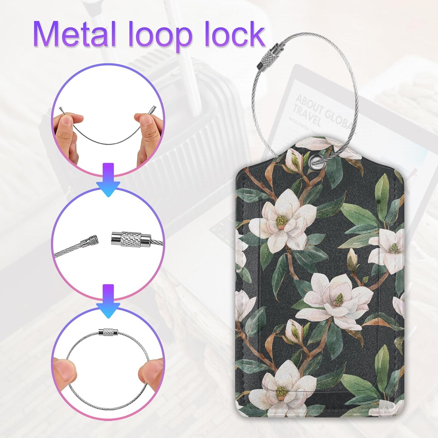 Magnolia Spring Luggage Tag for Suitcase,Floral Travel Tags with Privacy Cover ID Label & Stainless Steel Loop for Women