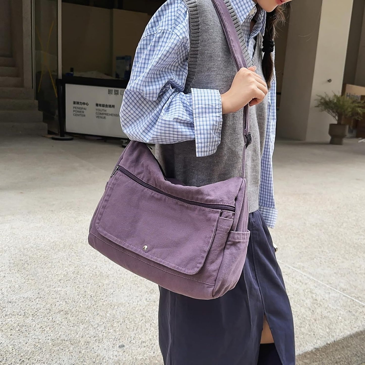 Canvas Messenger Bag for Women Hobo Crossbody Shoulder Bag Vintage Satchel Tote Handbag with Multiple Pockets
