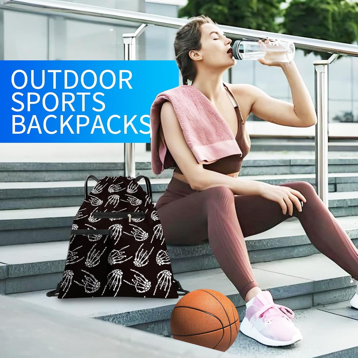Drawstring Backpack Sports Gym Bag, Large String Swim Bag for Beach With Water Bottle Mesh Pocket, Cute Gym Sack with Zipper Pocket for Men Women Cute Skeleton Fingers