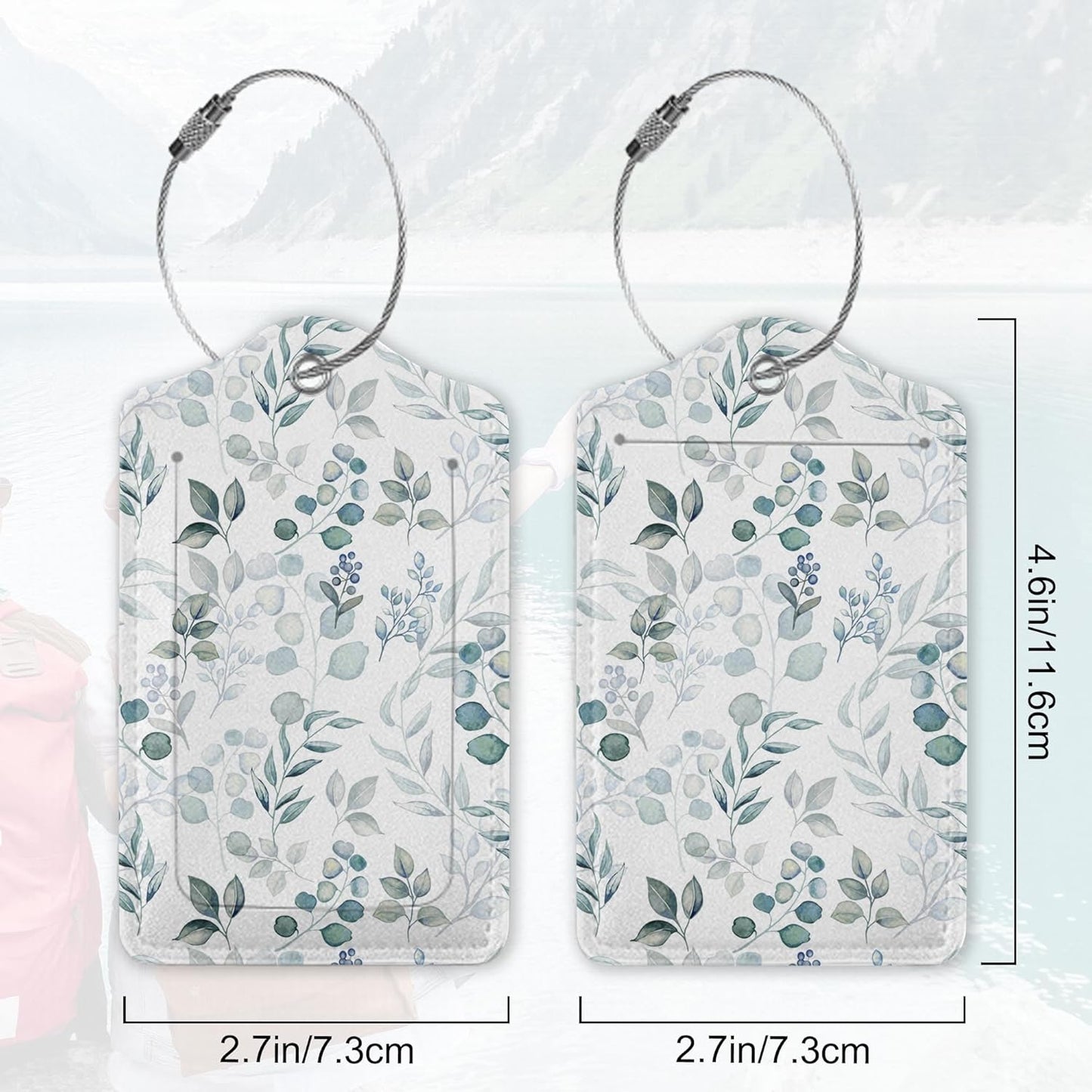 2Pcs Luggage Tag for Suitcase Sage Grey and Green Leaves Cute Suitcase Tag with Privacy Flap & Name ID Label & Metal Loop,Travel Bag Luggage Tags for Women