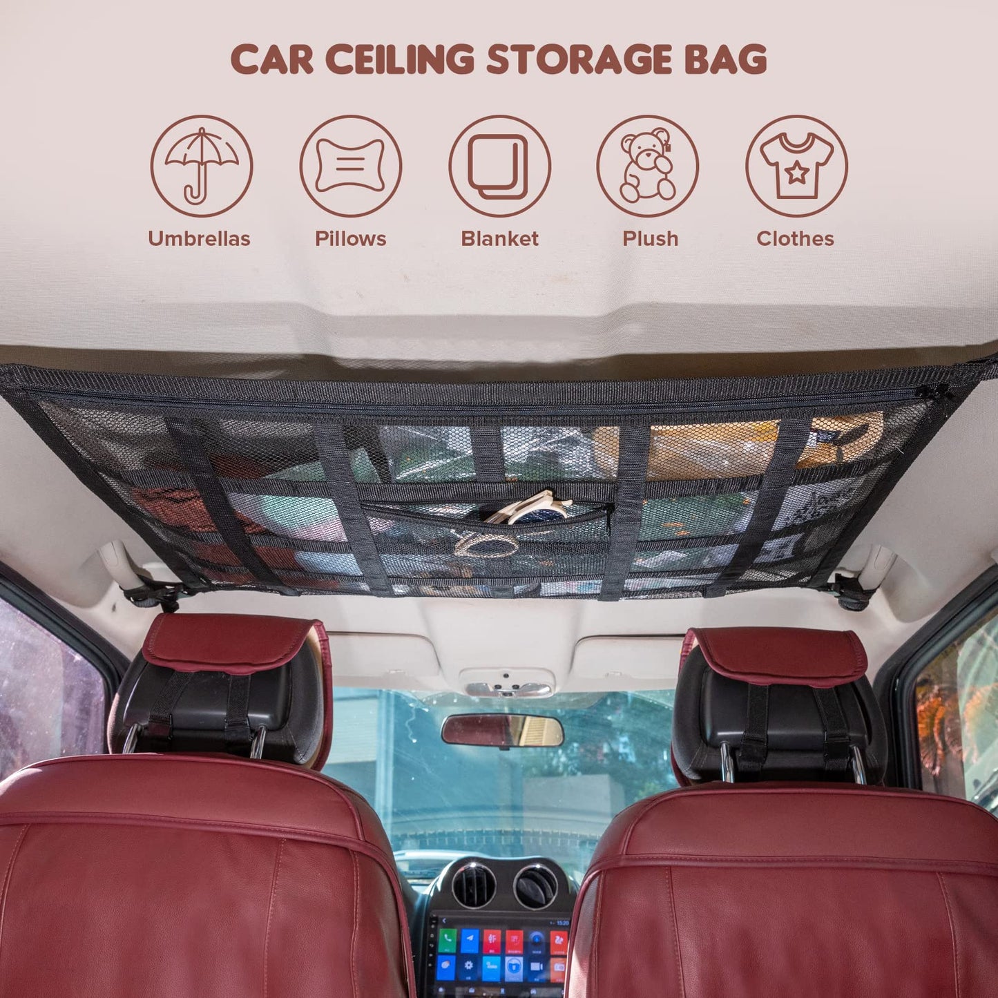 Kaskawise Upgrade Car Ceiling Cargo Net Pocket,31.5"x21.6" Double-Layer Roof Storage