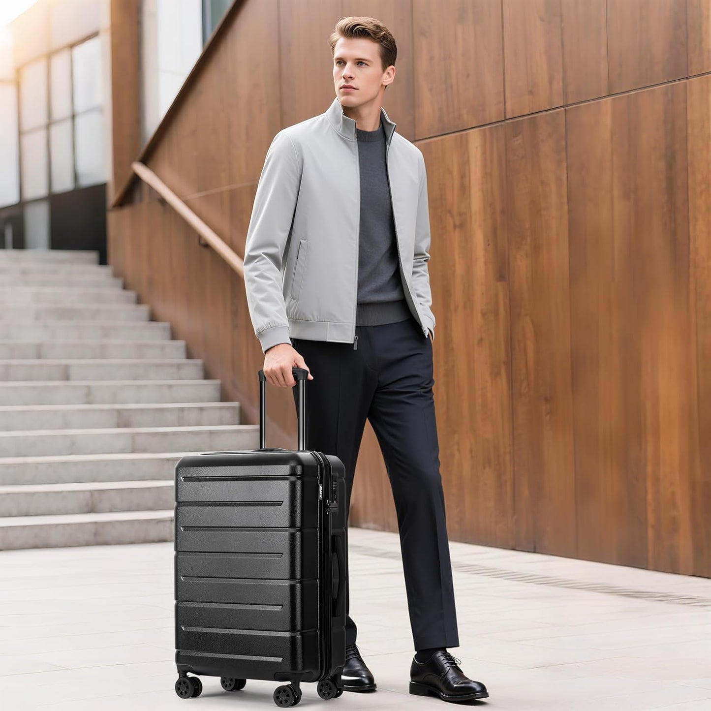 KYME Luggage Sets 2 Piece Hardshell 20"/24" Suitcases with Spinner Wheels Hardside Suitcase Set with TSA Lock Lightweight Travel Luggage Set with Cup Holder for Women Men Black