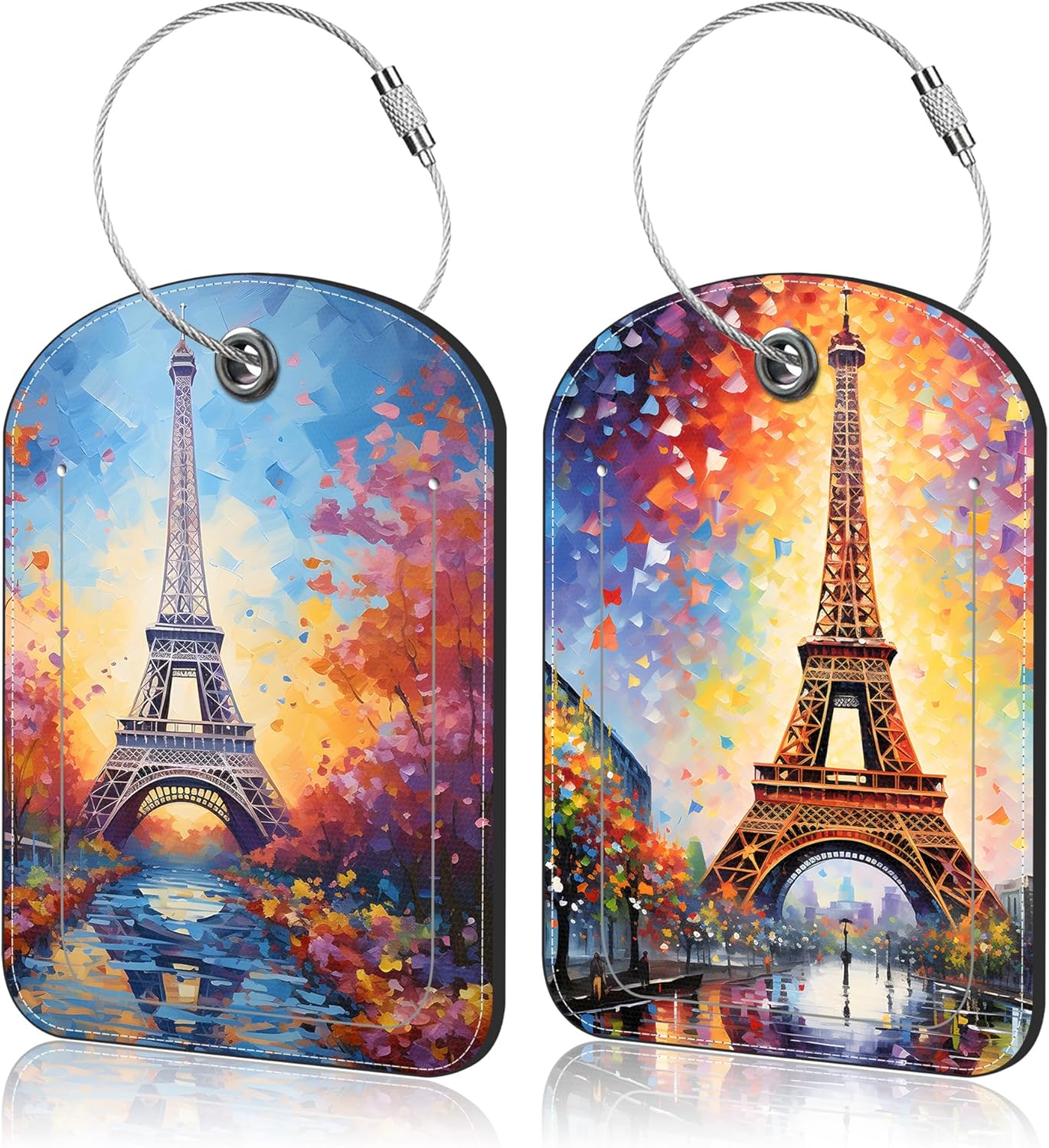 2 Pack Luggage Tag for Suitcase Eiffel Tower Art Painting Leather Suitcase Tags with Privacy Name ID Label and Stainless Steel Loop for Travel Bag
