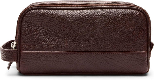 Leatherology Premium Espresso Leather Toiletry Bag – Small Double Zip Dopp Kit – Full Grain Leather Travel Organizer with Water-Resistant Lining – Compact Grooming Bag for Men or Women