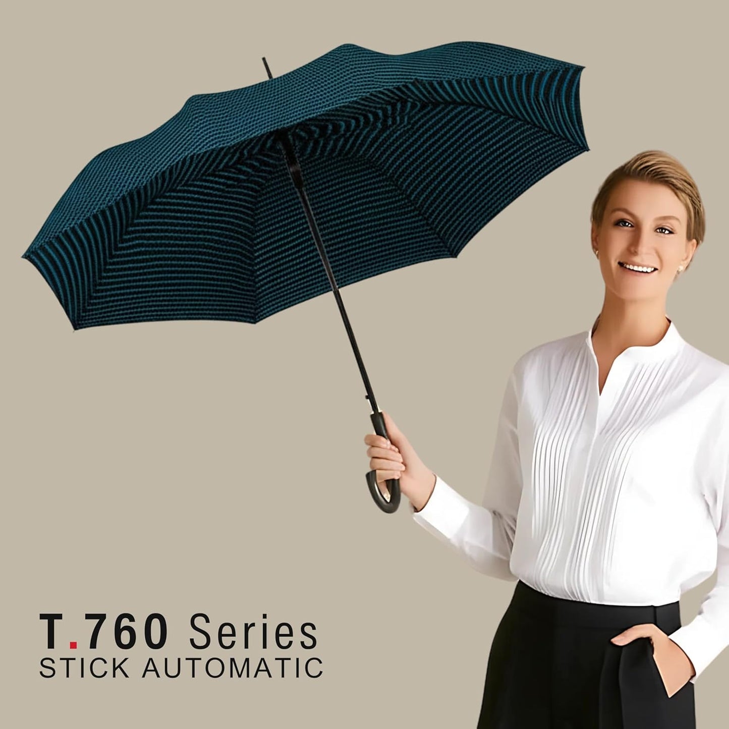 Knirps T.760 Stick Automatic Auto Open Rain Umbrella With Curved Handle - Windproof Travel Cane With Automatic Open Button - For Adults - 107cm Diameter