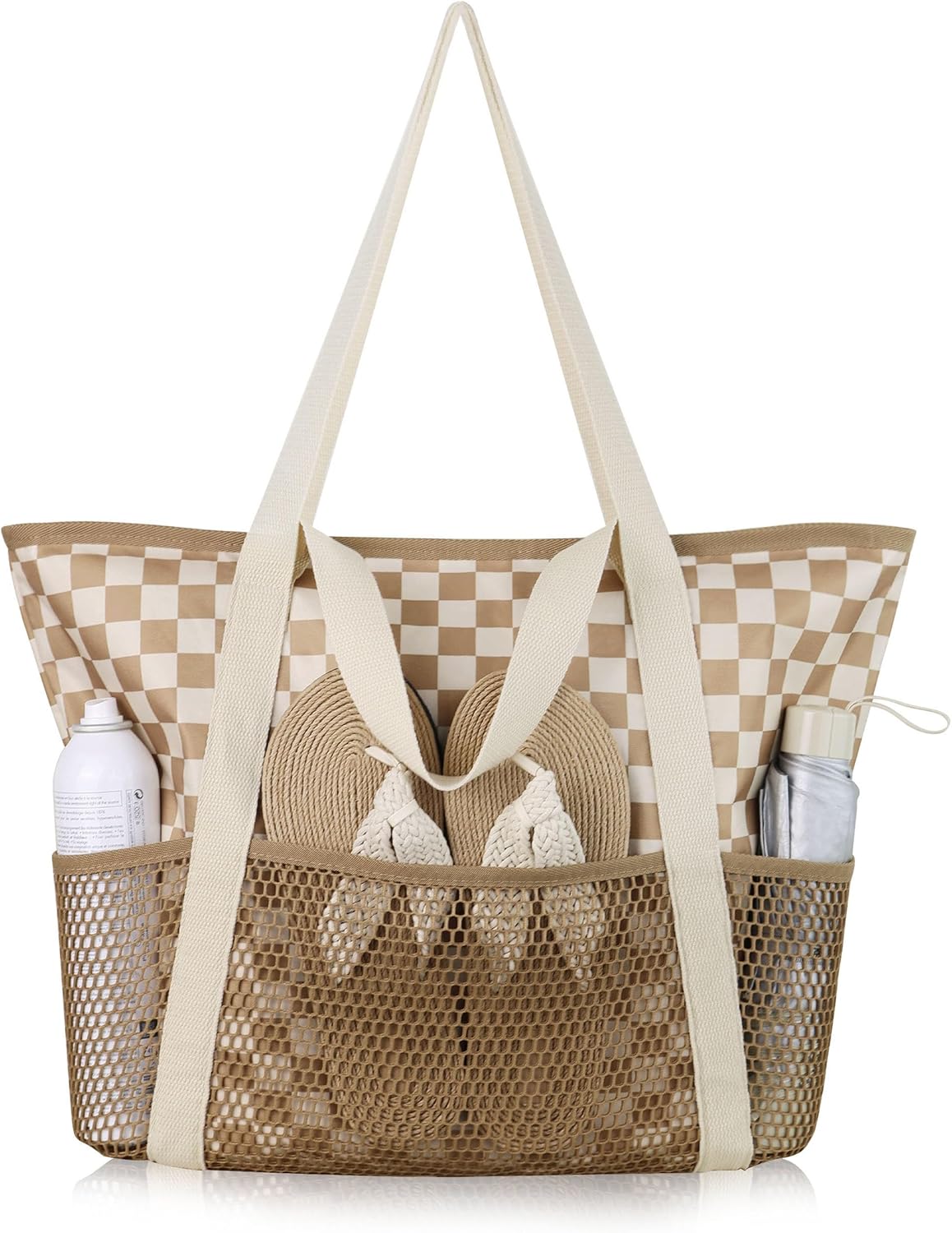 HOMESPON Beach Bag Large Waterproof Sandproof Foldable Tote for Women with Zipper Mesh Pockets for Pool Swim Travel Everyday