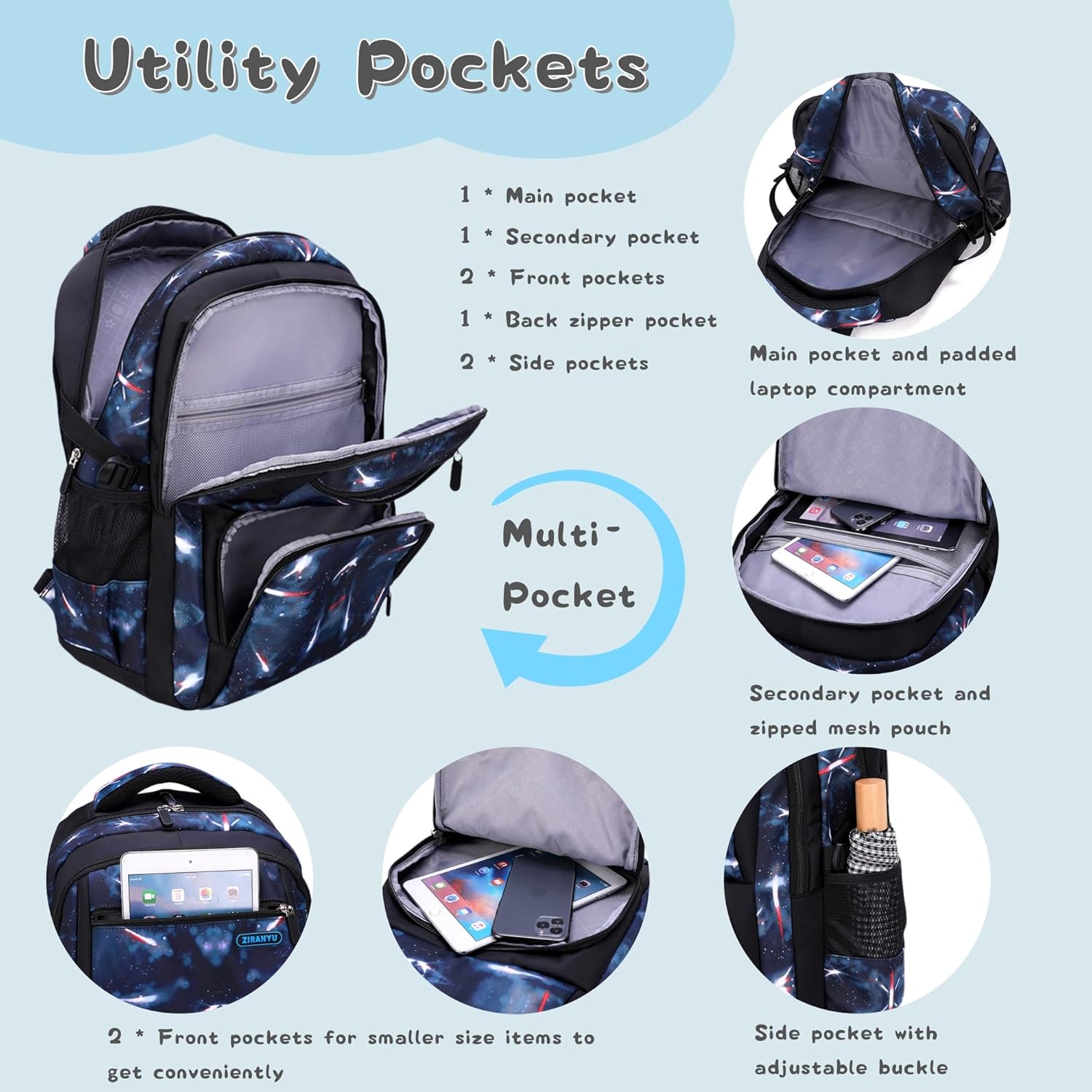 Space Print Boys Backpacks for School Elementary, Galaxy Backpacks for Boys Water-resistant School