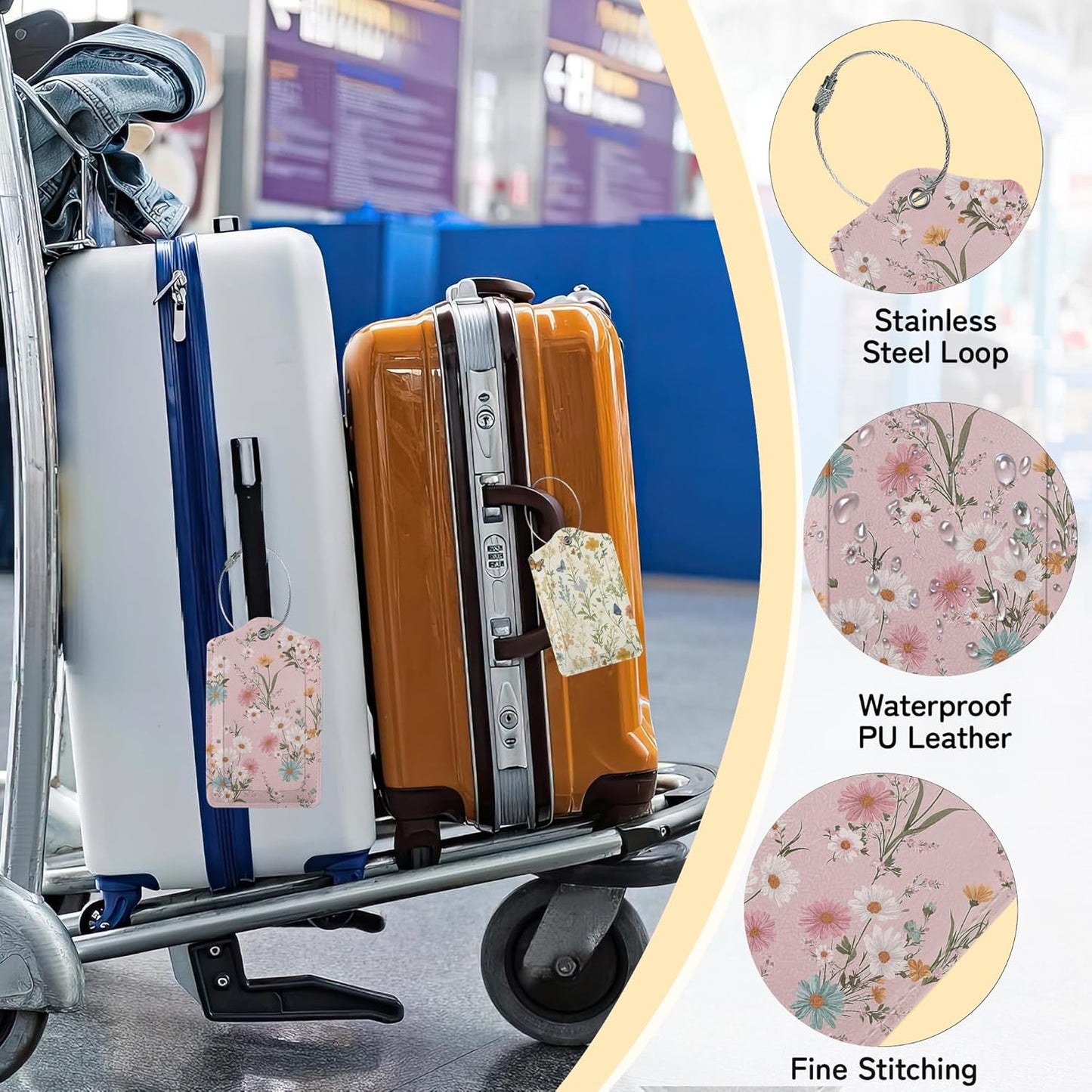 3 PCS Herbs Wild Flowers Luggage Tags,Vintage Floral Suitcase Tags Privacy Cover ID Label with Stainless Steel Loop and Address Card for Travel Bag Suitcase