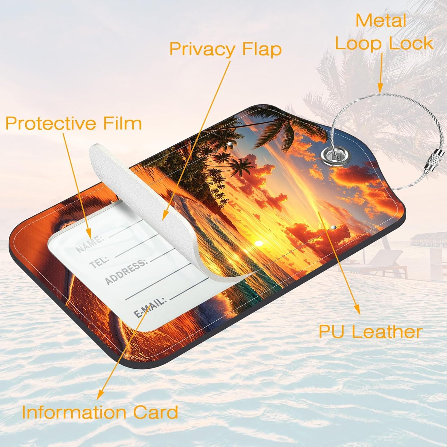 Luggage Tags for Suitcase 3 PCS Sunset Beach Coconut Trees Leather Travel Luggage Tag with Stainless Steel Loop Name ID Label Privacy Cover for Women Men Travel