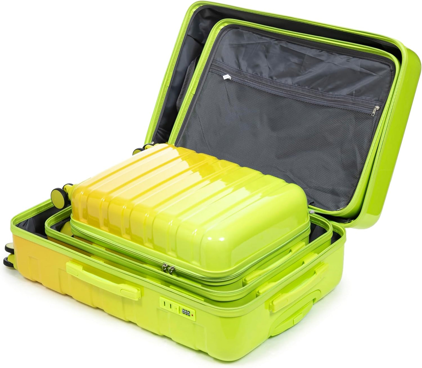 Campfun 3 Piece Luggage Sets, PC Gradient Color Suitcase Set with Double Spinner Wheels Hang Hook, Durable Carry On Luggage with Combination Lock, 20/24/28 inch, Green+Yellow