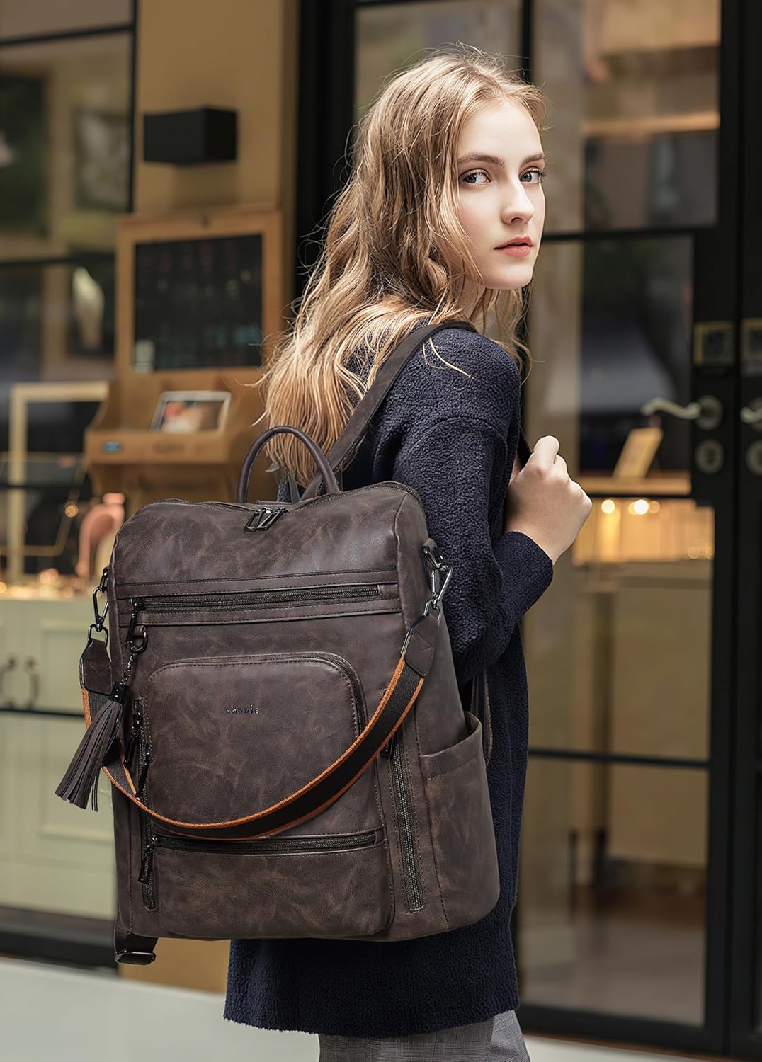 Shrrie Vegan Leather Laptop Backpack for Women 15.6 inch Work Backpack Fashion Travel Backpack