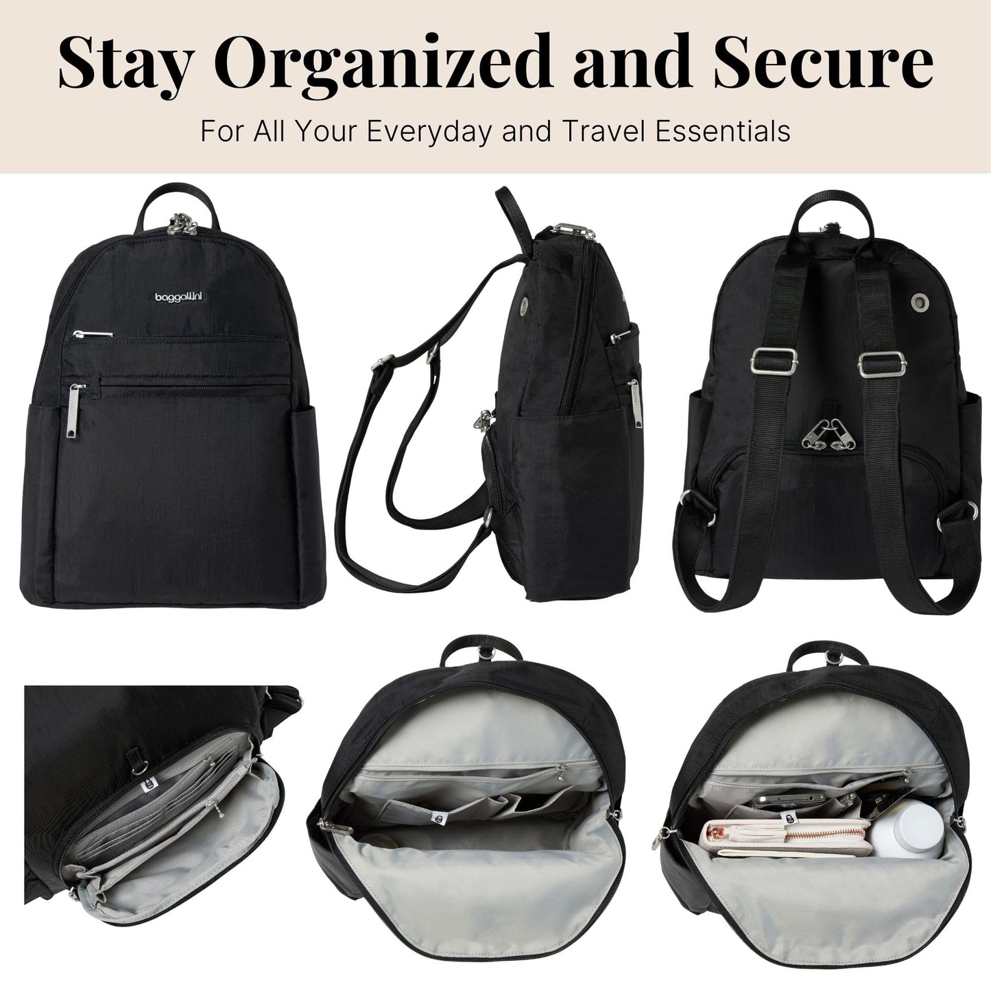 Baggallini Securtex® Anti-theft Vacation Travel Backpack 10x13 Slash-Resistant Nylon Daypack