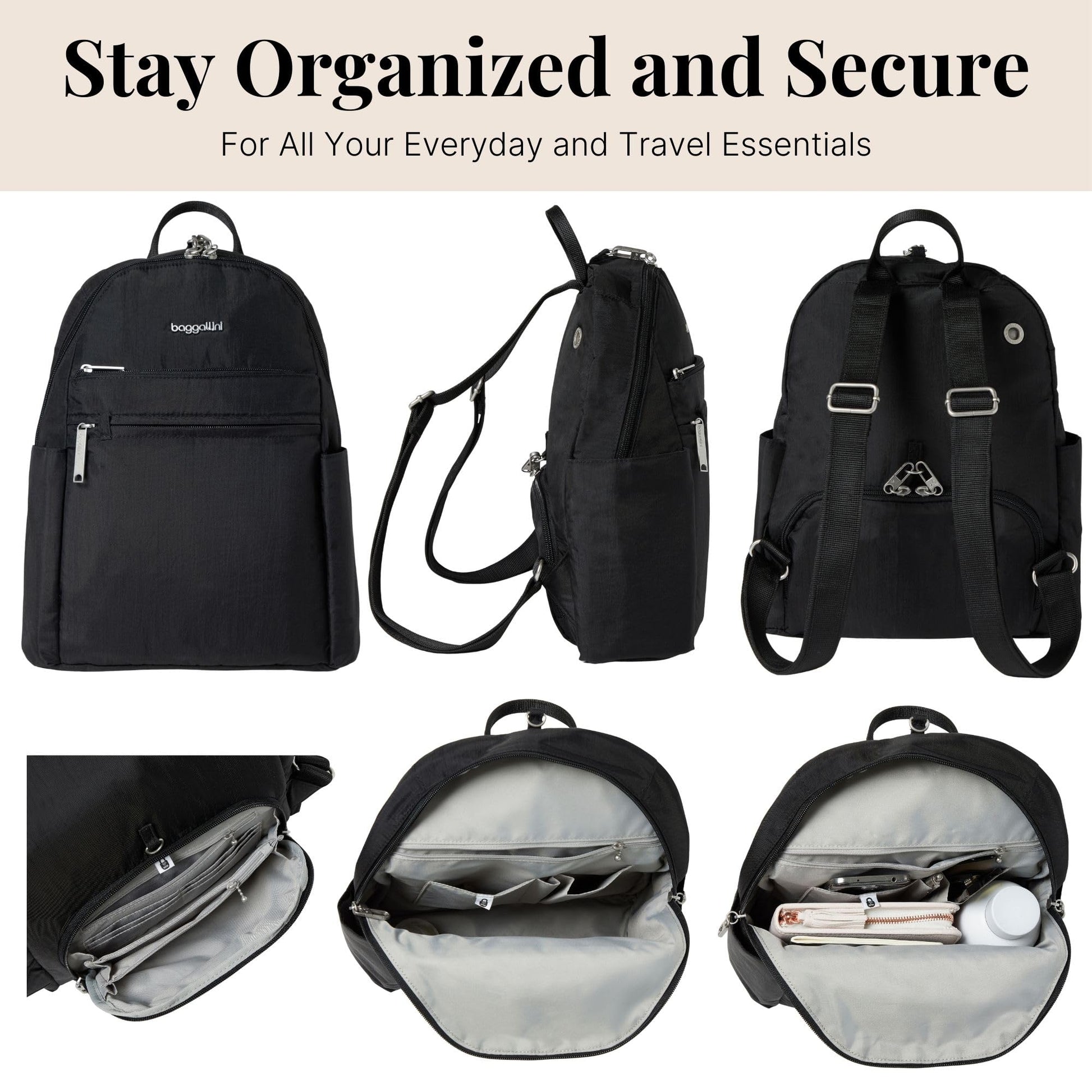 Baggallini Securtex® Anti-theft Vacation Travel Backpack 10x13 Slash-Resistant Nylon Daypack