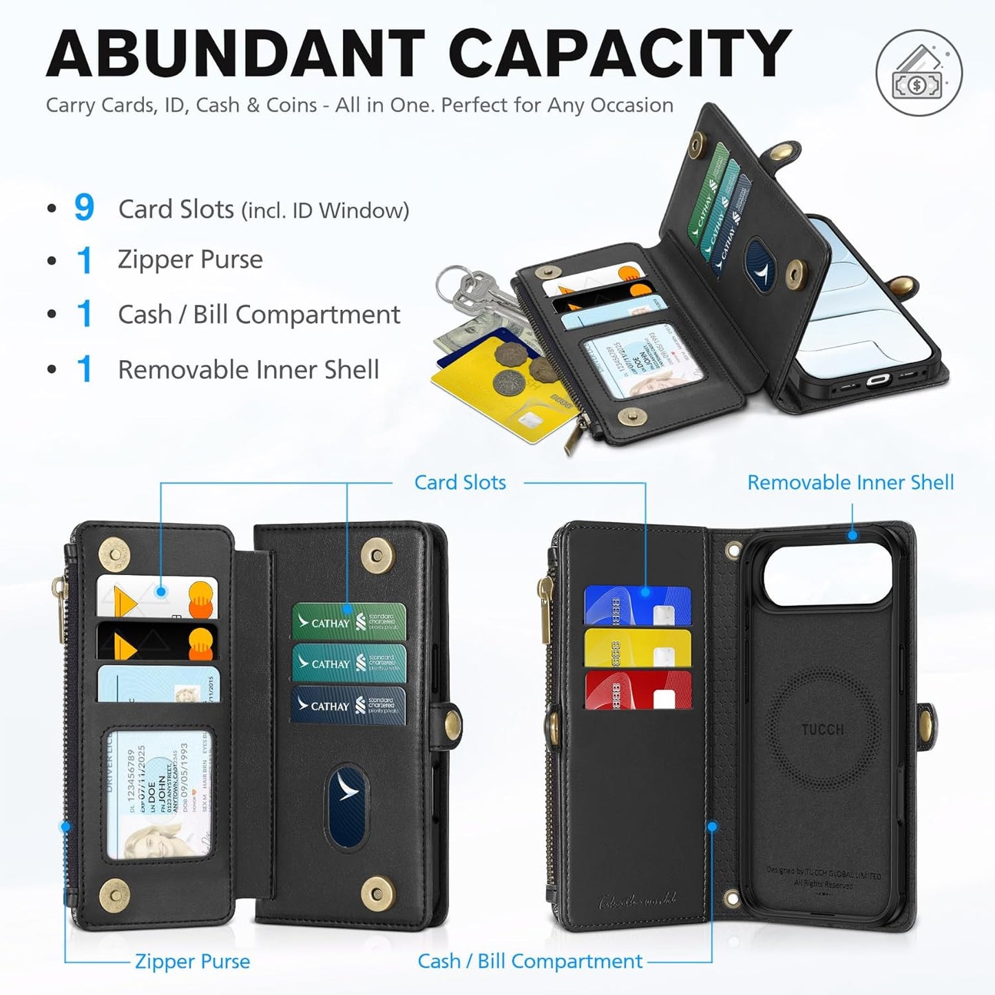 TUCCH Crossbody Detachable Wallet Case for iPhone Air 6.5" 2025, 9 Card Slots RFID Blocking | Wireless Charging | Wrist Strap | Lanyard | Stand | Zipper Pocket | PU Leather Shockproof Cover | Black