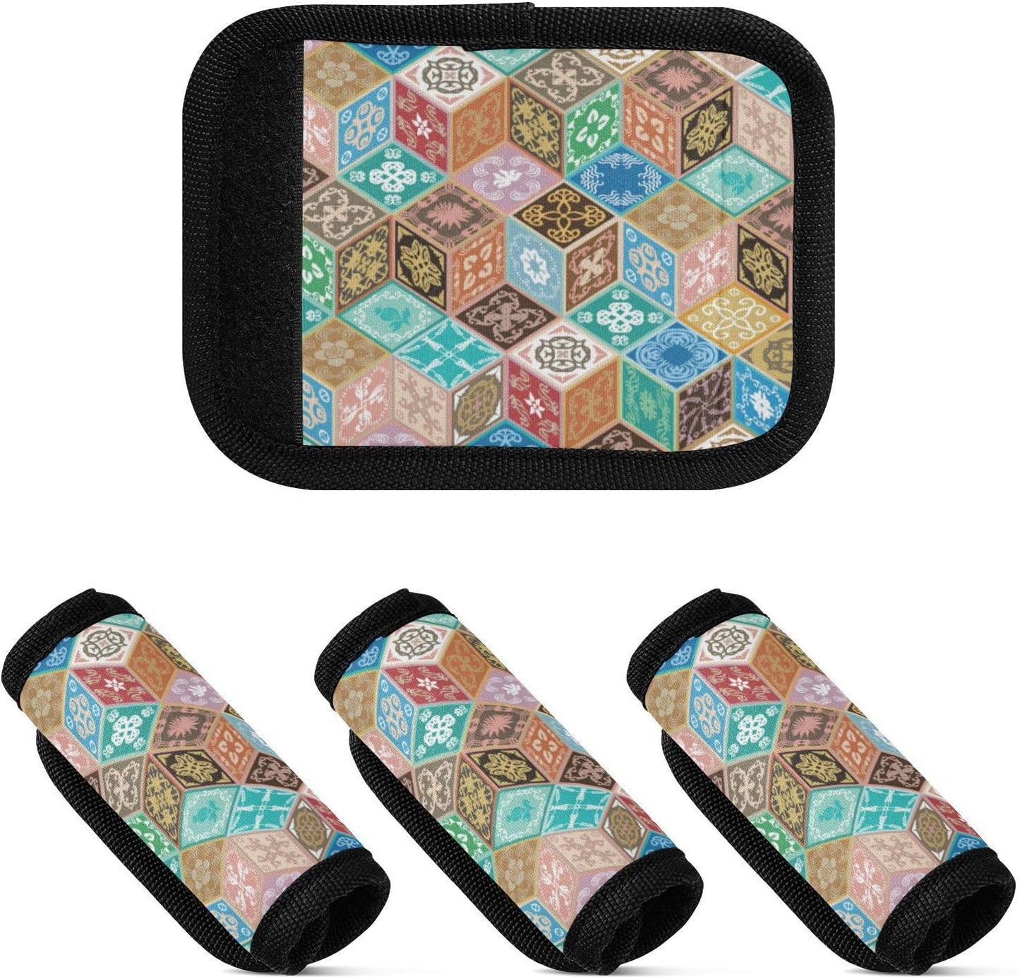 4Pcs Luggage Handle Wrap Suitcase Identifier Handle Covers Tags Soft Travel Bags Luggage Handle Gripper Accessories for Airplane Flying Retro Cube Pattern