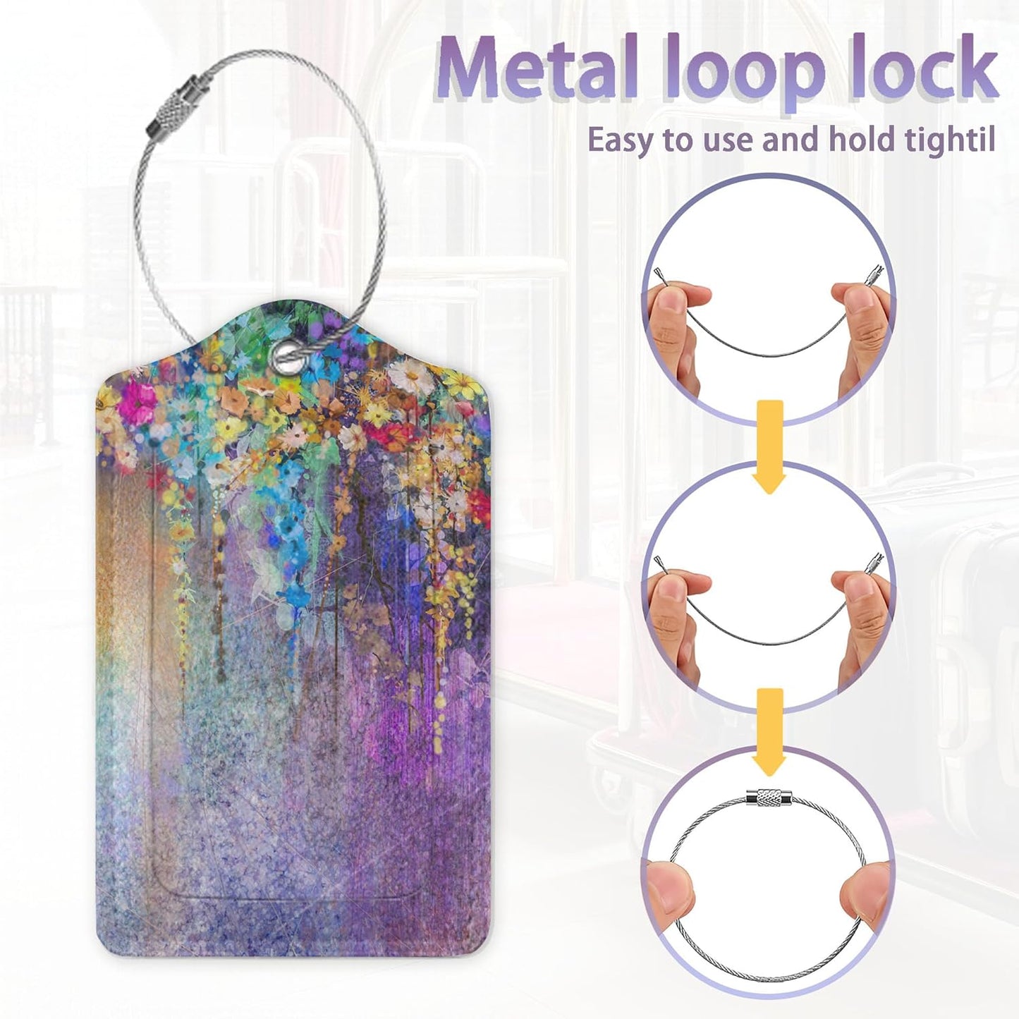 2Pcs Luggage Tag for Suitcase Watercolor Purple Flowers Cute Suitcase Tag with Privacy Flap & Name ID Label & Metal Loop,Travel Bag Luggage Tags for Women