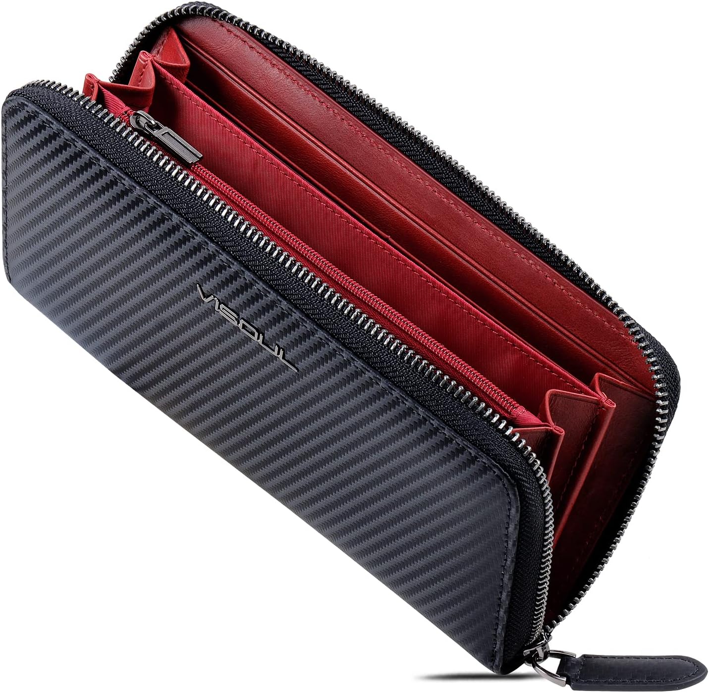 VISOUL Leather Long Zippered Pouch Wallet for Men with RFID Blocking Two-tone, Large Carbon Fiber Leather Clutch Cash Long Wallet with Zipper (Black+Burgundy)