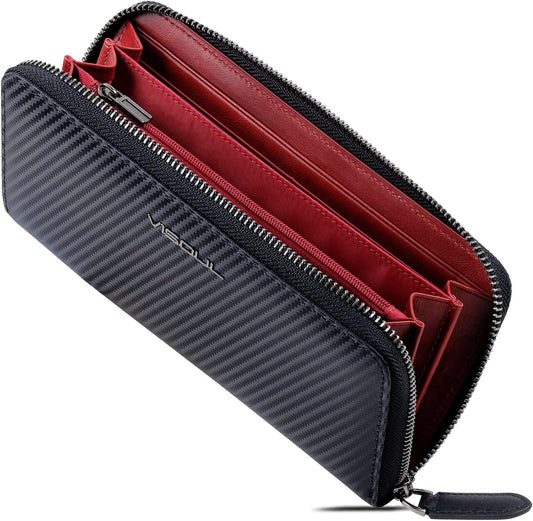 VISOUL Leather Long Zippered Pouch Wallet for Men with RFID Blocking Two-tone, Large Carbon Fiber Leather Clutch Cash Long Wallet with Zipper (Black+Burgundy)