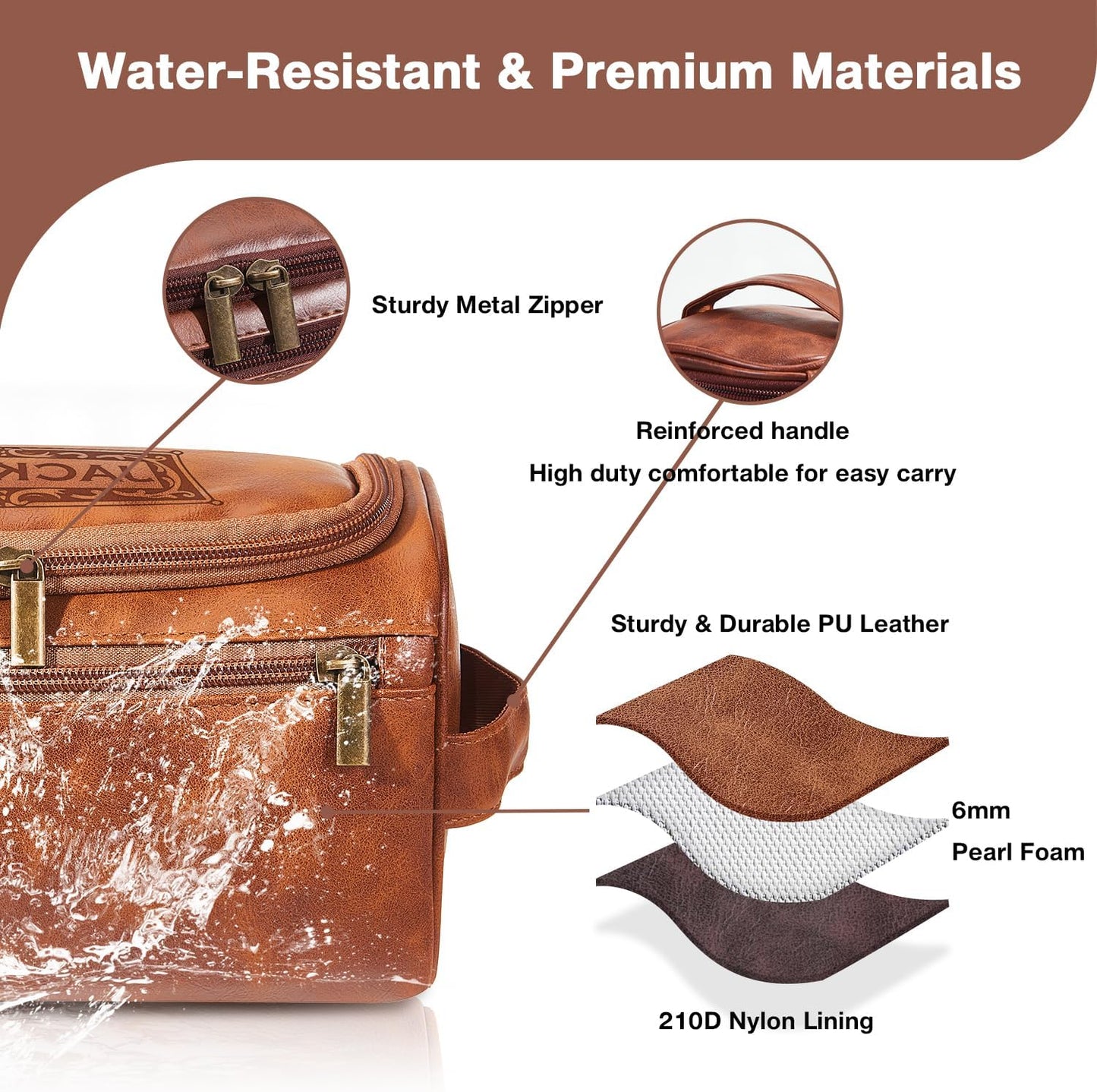 Personalized Leather Toiletry Bag For Men with Hook, Groomsmen Gifts Travel Bag Laser Engraved Name Monogram PU Gift For Him Husband Father Leather Dopp Kit with Side Handle
