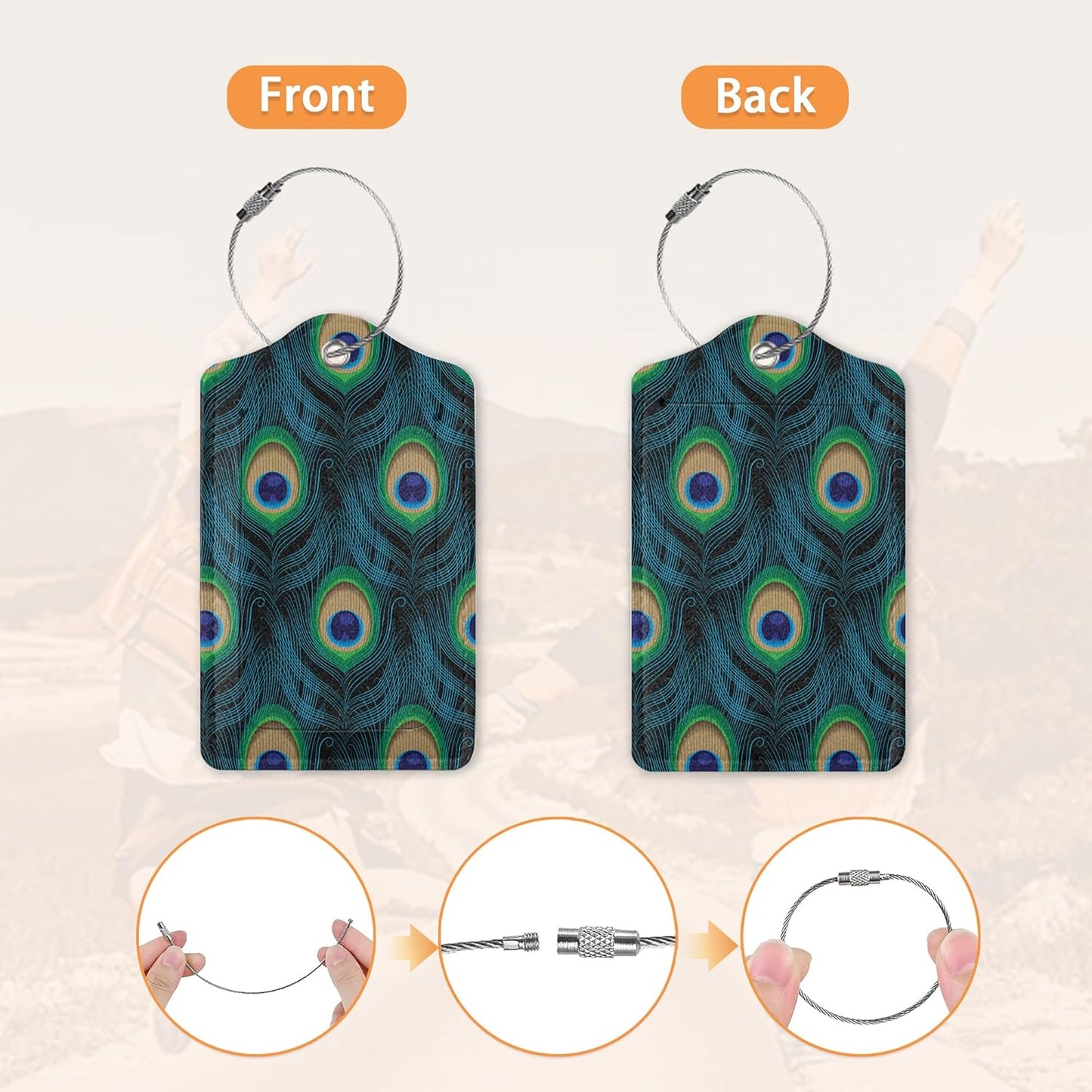 2 Pcs Luggage Tag for Suitcases,Golden Green Peacock Feathers Leather Baggage Tags Identifiers for Travel, Privacy Protection Travel Bag Labels Suitcase Tags for Women Men