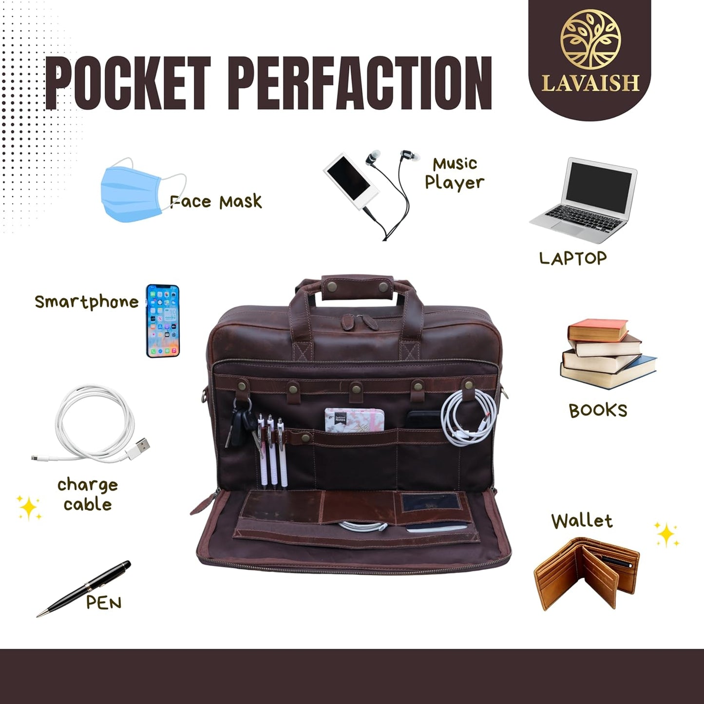 Handmade Full-Grain Leather Briefcase for Men & Women–17" Laptop Bag with Computer Compartment Office Satchel Bag