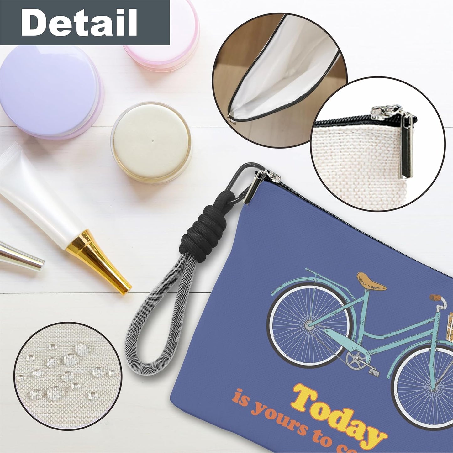 Make Up Bag For Woman, Cosmetic Bag With Hand Strap - Today Is Yours To Conquer - Lined Toiletry Bag - Bicycle Theme Pouch, Navy Organizer With Zipper, Women Essentials & Accessories - A16
