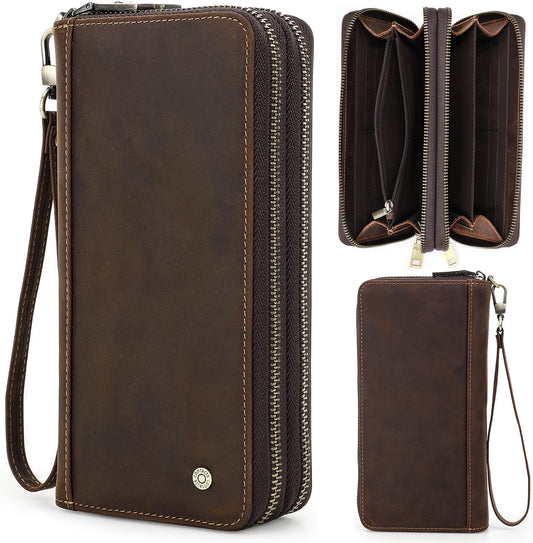 Top Grain Genuine Leather Clutch Bag Wallet with Wristlet for Man & Woman, Handmade Retro Design, 2 Zipper Pockets & Multiple Slots, RFID Large Capacity for Cards/Phone/Check/Money/Coin, Coffee