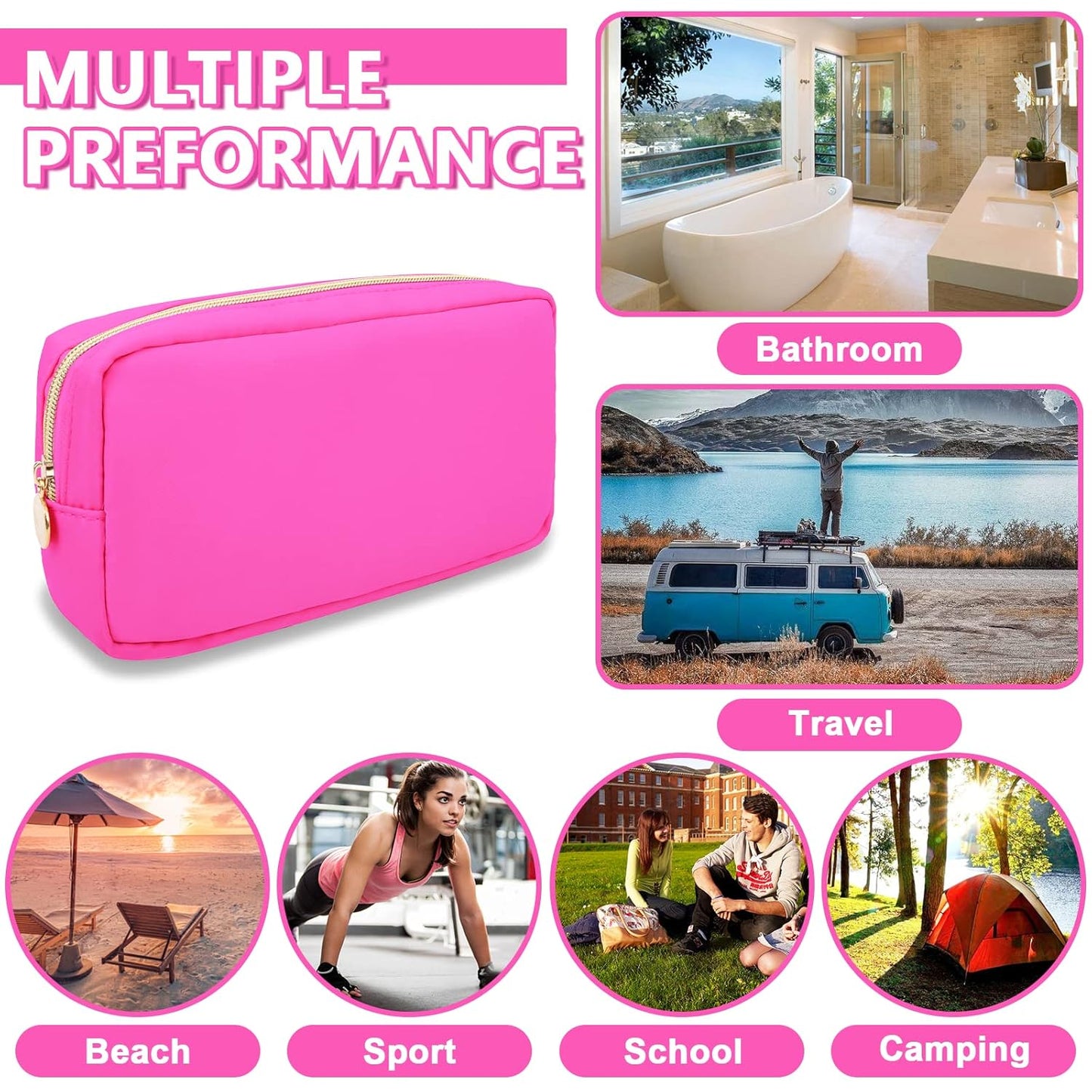 6 Pcs Waterproof Small Makeup Bag Pouch for Purse,Nylon Travel Toiletry Storage Bag Cute Preppy Cosmetic Bag for Women Girl,Durable Makeup Organizer Bag Skincare Bag Purse with Zipper for School