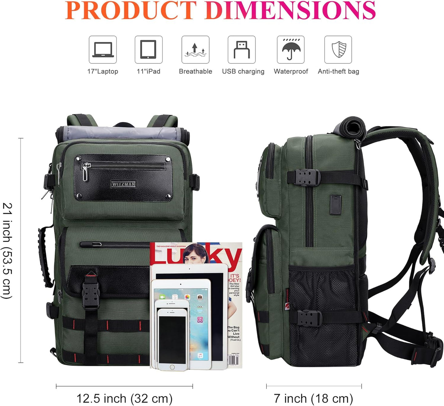 WITZMAN Carry On Travel Backpack for Men Duffle Bags Fit 17 Inch Laptop Airline Approved Laptop Backpack(B685 Army Green)