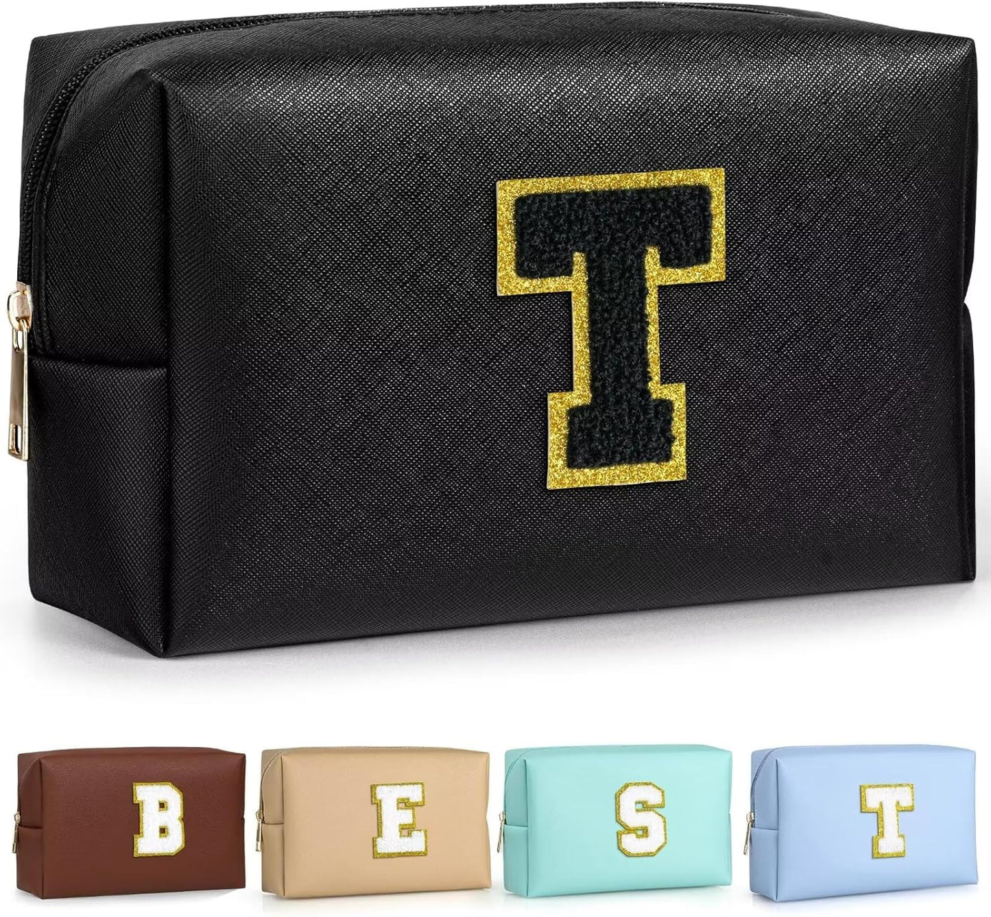 TOPEAST Preppy Stuff for Girls, Initial Makeup Bag Chenille Letter Pouch Cosmetic Bag with Zipper, PU Leather Waterproof Toiletry Bag, Cute Stuff Birthday Gift for Friends Sister (Black T)