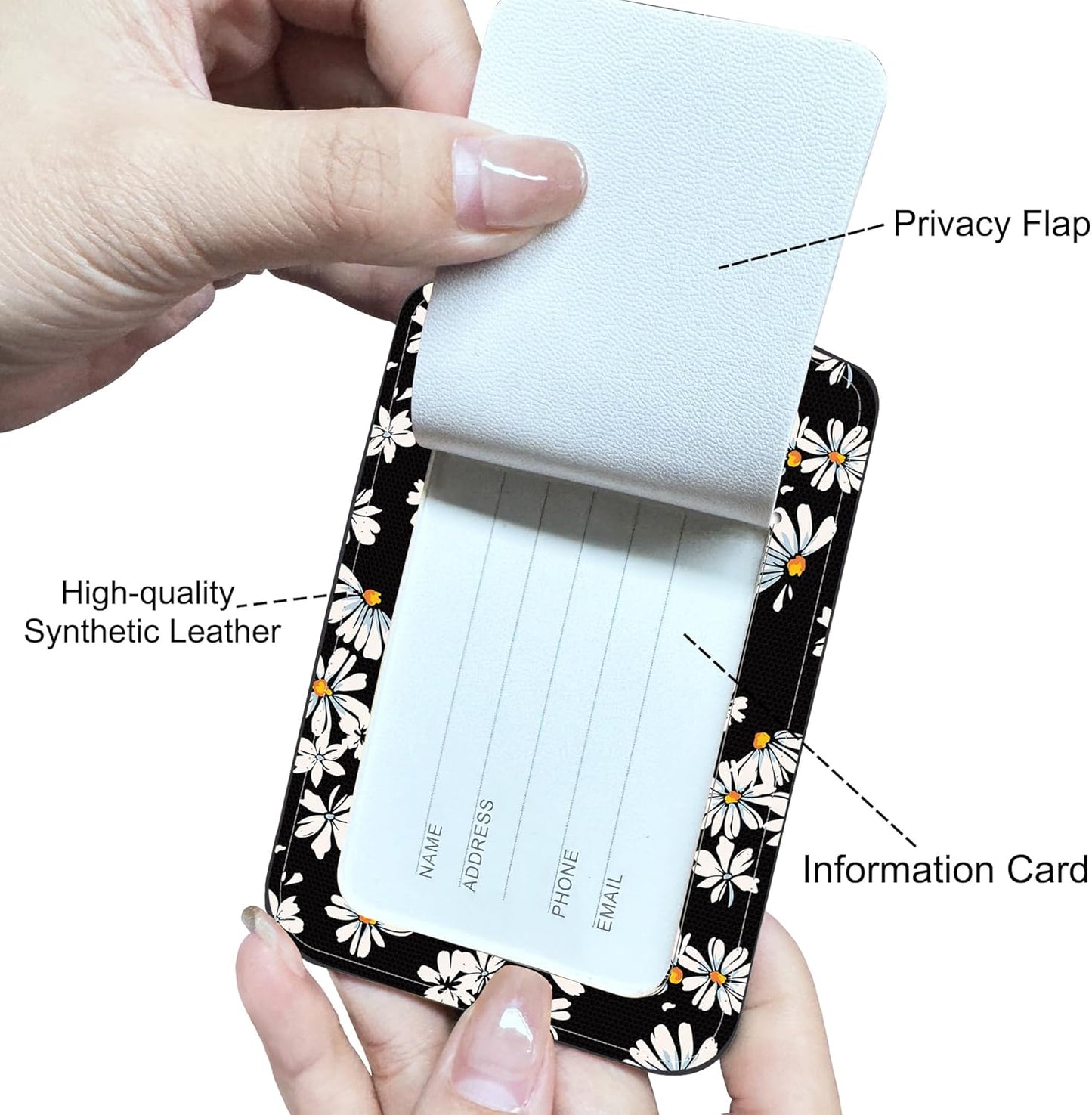 Elegant Floral Pattern Luggage Tags Set of 2 Delicate Daisy PU Leather Travel Baggage Tags with Privacy Cover and Stainless Steel Loop for Teens Adults Travel Bag Suitcase