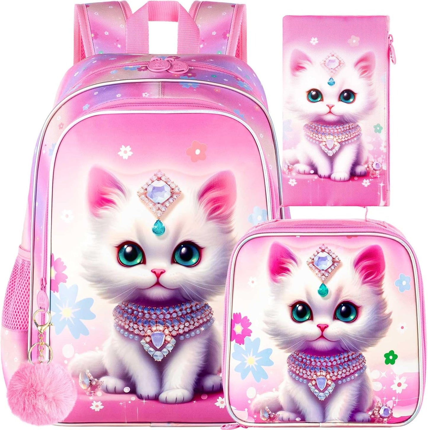 3PCS Girls Cat Backpack, Water Resistant Kids Bookbag Set with Lunch Box，Cute Elementary School Bag for Preschool Toddler
