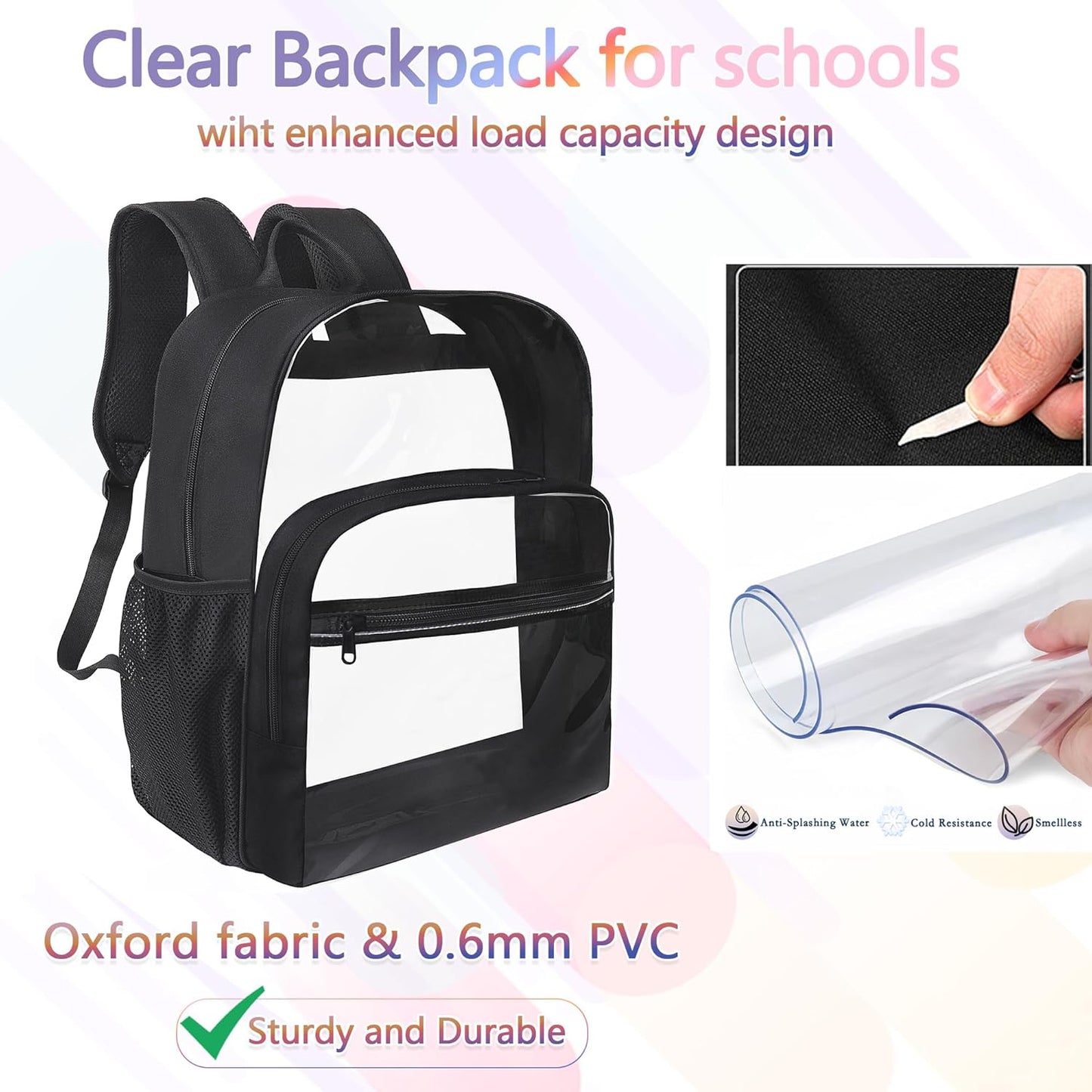Clear Backpack for School, Heavy Duty Transparent Backpack with 0.6 mm PVC Bookbag 18 inch Clear Bag,Purple
