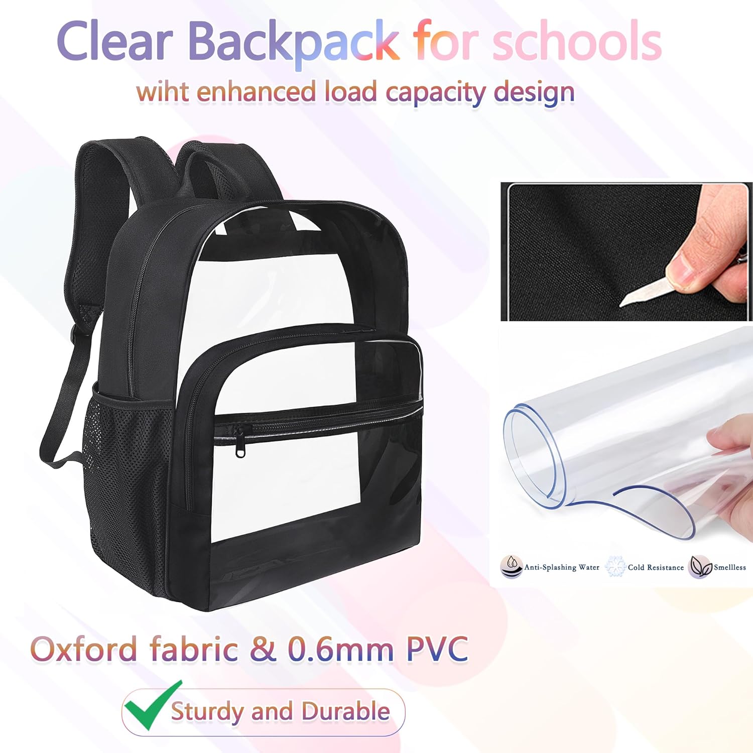 Clear Backpack for School, Heavy Duty Transparent Backpack with 0.6 mm PVC Bookbag 18 inch Clear