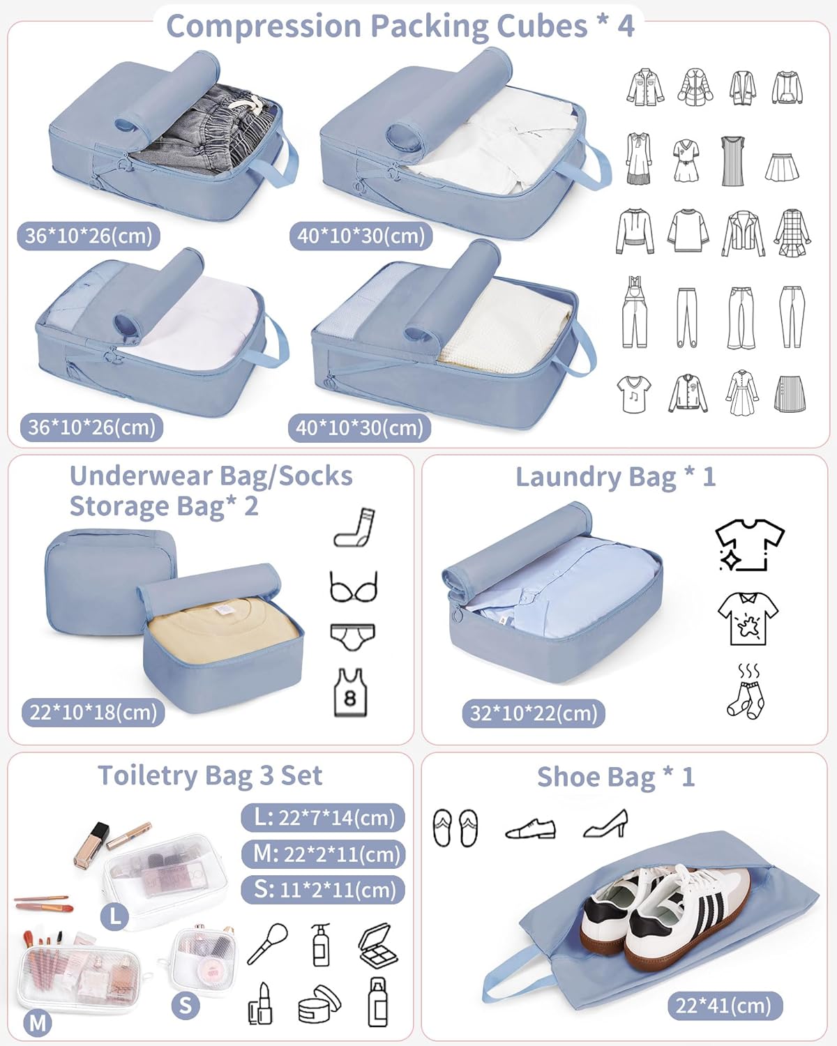 Compression Packing Cubes - 11 Set Suitcase Organizers, Expandable Luggage Bags with Blue Travel Essentials