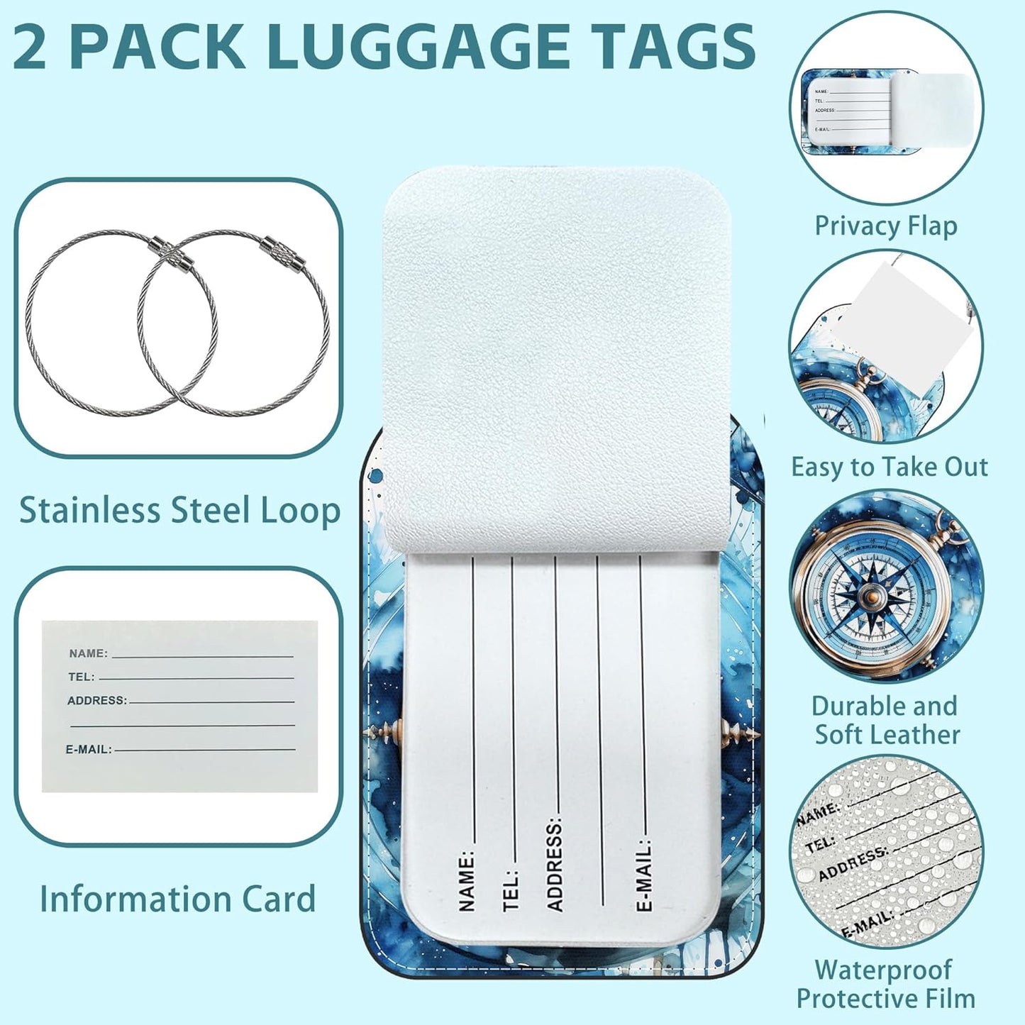2 Pack Cute Luggage Tag for Suitcases Classic Compass Leather Luggage Tags with Stainless Steel Loop Privacy Flap Name Tags,Men and Women Travel Bag Suitcase Tags
