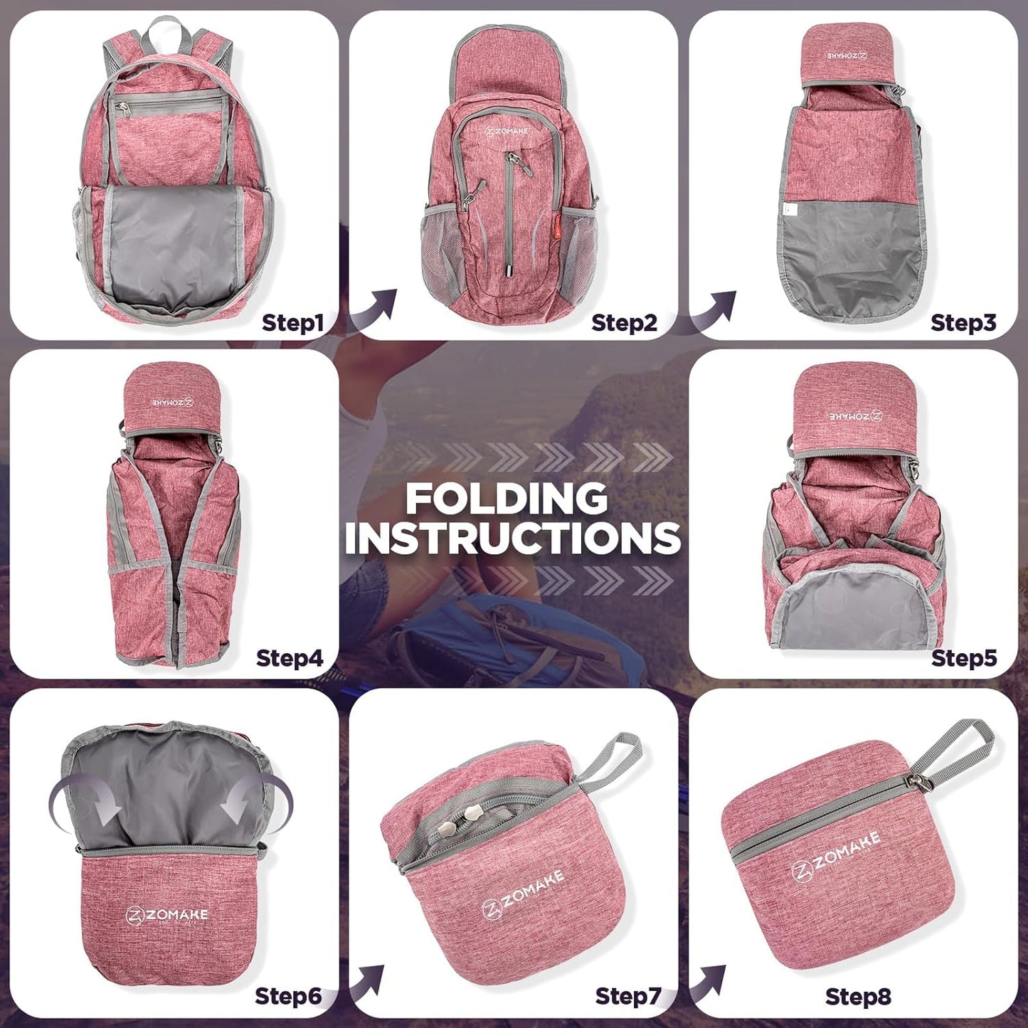 ZOMAKE Ultra Lightweight Packable Backpack 10L,Small Foldable Backpacks Hiking Water Resistant Collapsible Daypack for Women Men(Pink-C1)