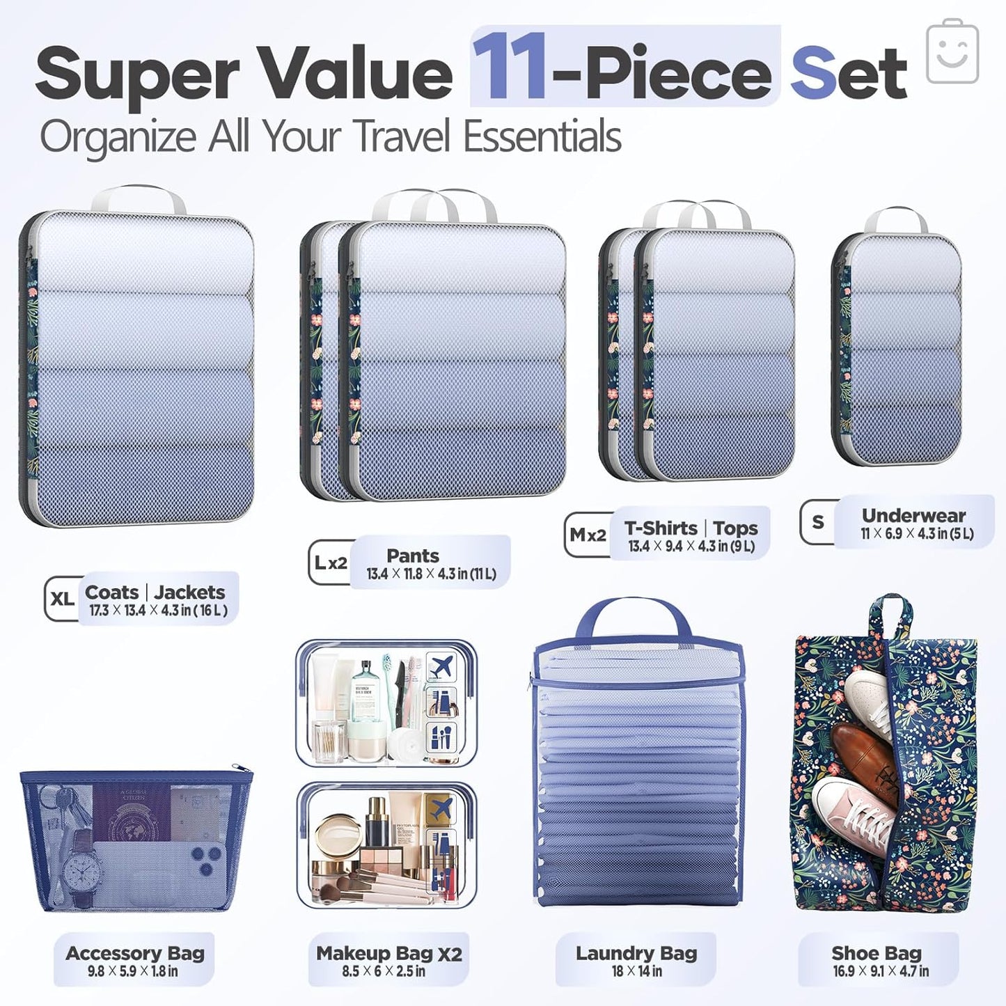 Veken 11 Set Compression Packing Cubes for Travel Essentials,Compressible Expandable Large Luggage