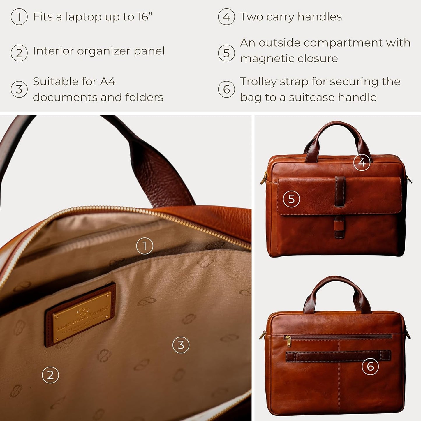Time Resistance Leather Briefcase - Italian Handmade Leather Laptop Bag - Handbag for Men and Women
