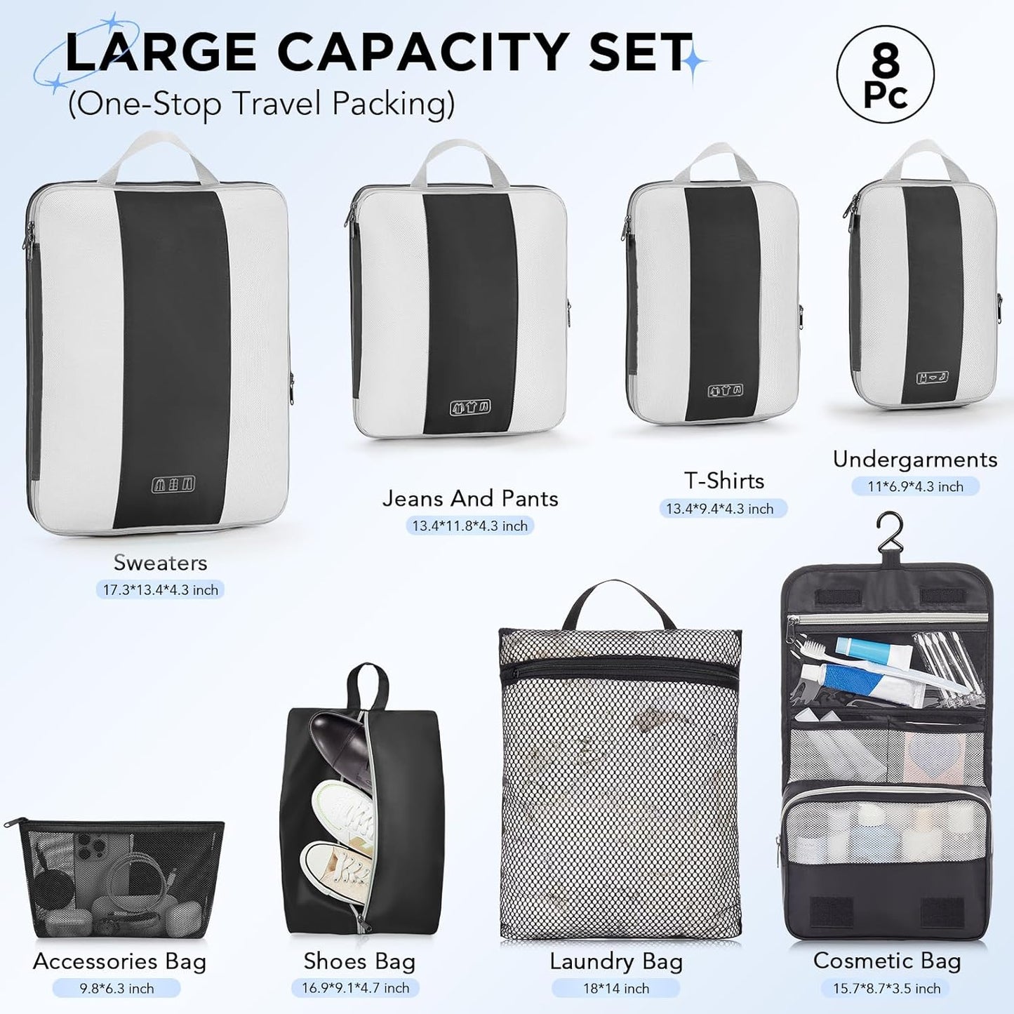 8 Set Compression Packing Cubes for Travel Essentials,Compressible Expandable Packing Cubes for