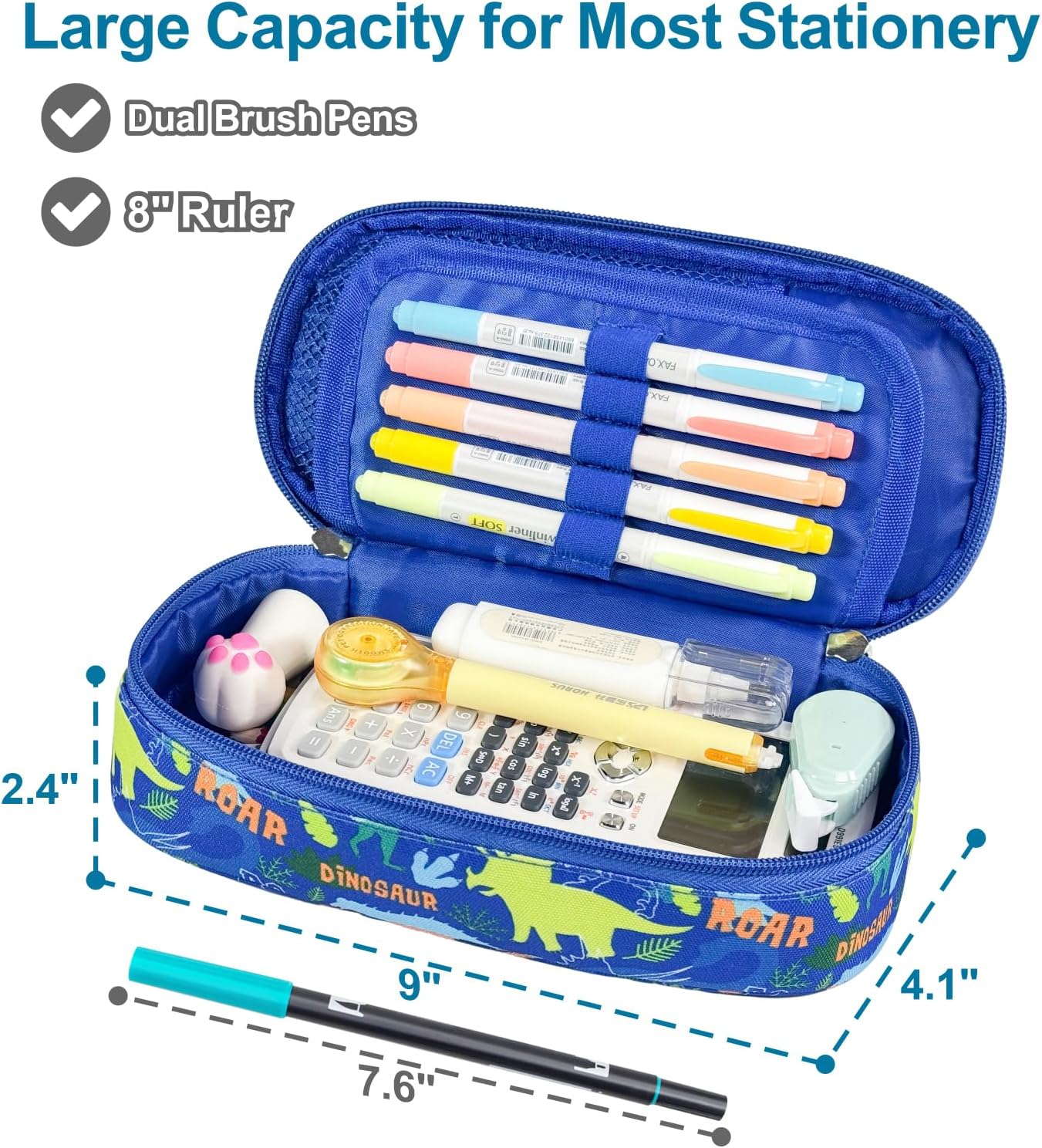 Kids Backpack with Pencil Case - 15 Inch Backpack for Boys 3 to 8, Lightweight Bookbag for Preschool Kindergarten Elementary School, Insulated Pocket, Safe Reflective Stripe, Blue Dinosaur