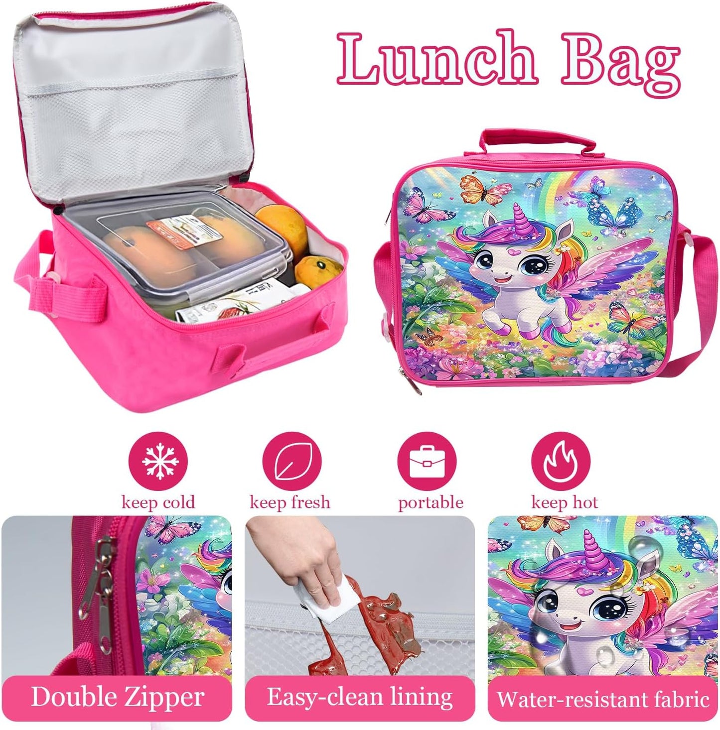 Unicorn Backpack Colorful School Bag 3PCS Backpack 16 Inch with Lunch Bag Set Lightweight for Teen Boys Girls Kids Elementary Middle School