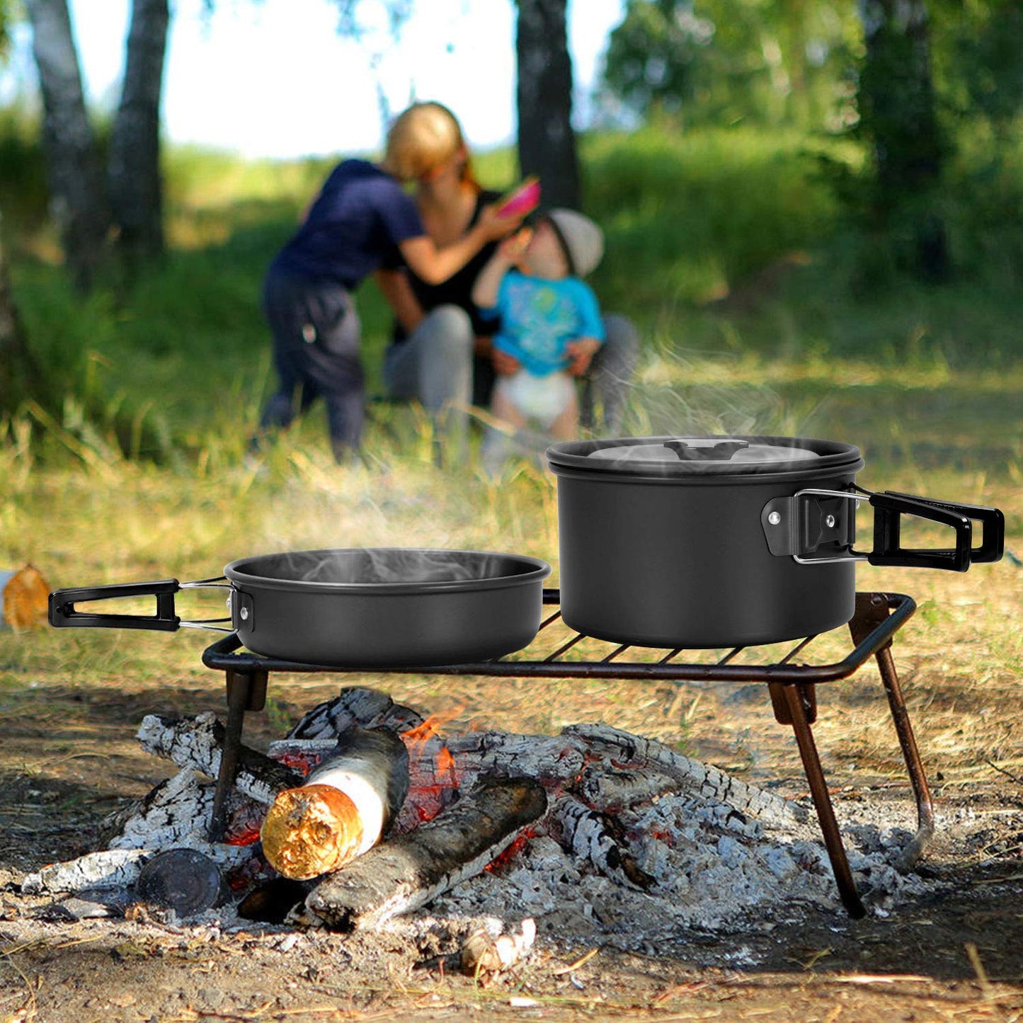Odoland 15pcs Camping Cookware Mess Kit, Lightweight Pot Pan Kettle Set