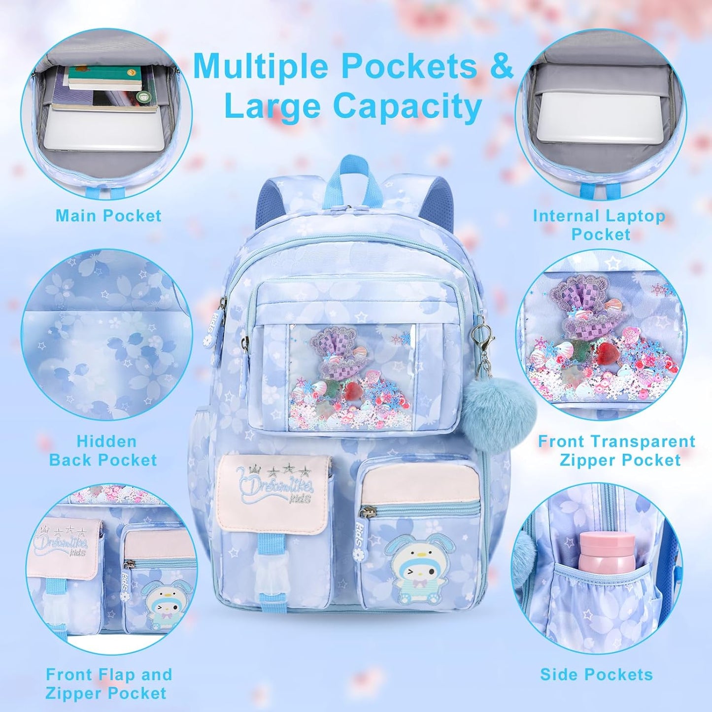 Backpack for Girls 3pcs Set, Kids Backpack for Girls with Lunch Box Pencil Case Set for Teens Elementary Middle School Bags (Blue-3 Piece Set-1)