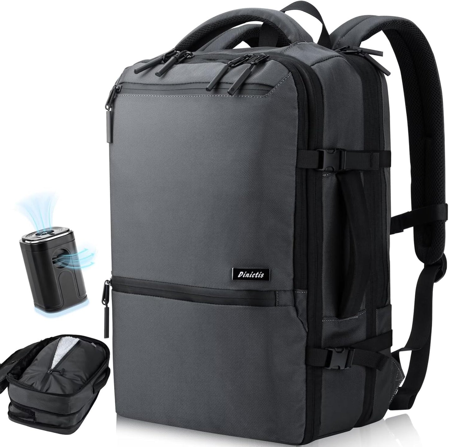 Dinictis Vacuum Seal Backpack 60L with Pump, Expandable Backpack with Vacuum Compression fits 17 inch Laptop, Waterproof Carry On Suitcase Luggage suit for Short Trip and Business-Dark Grey