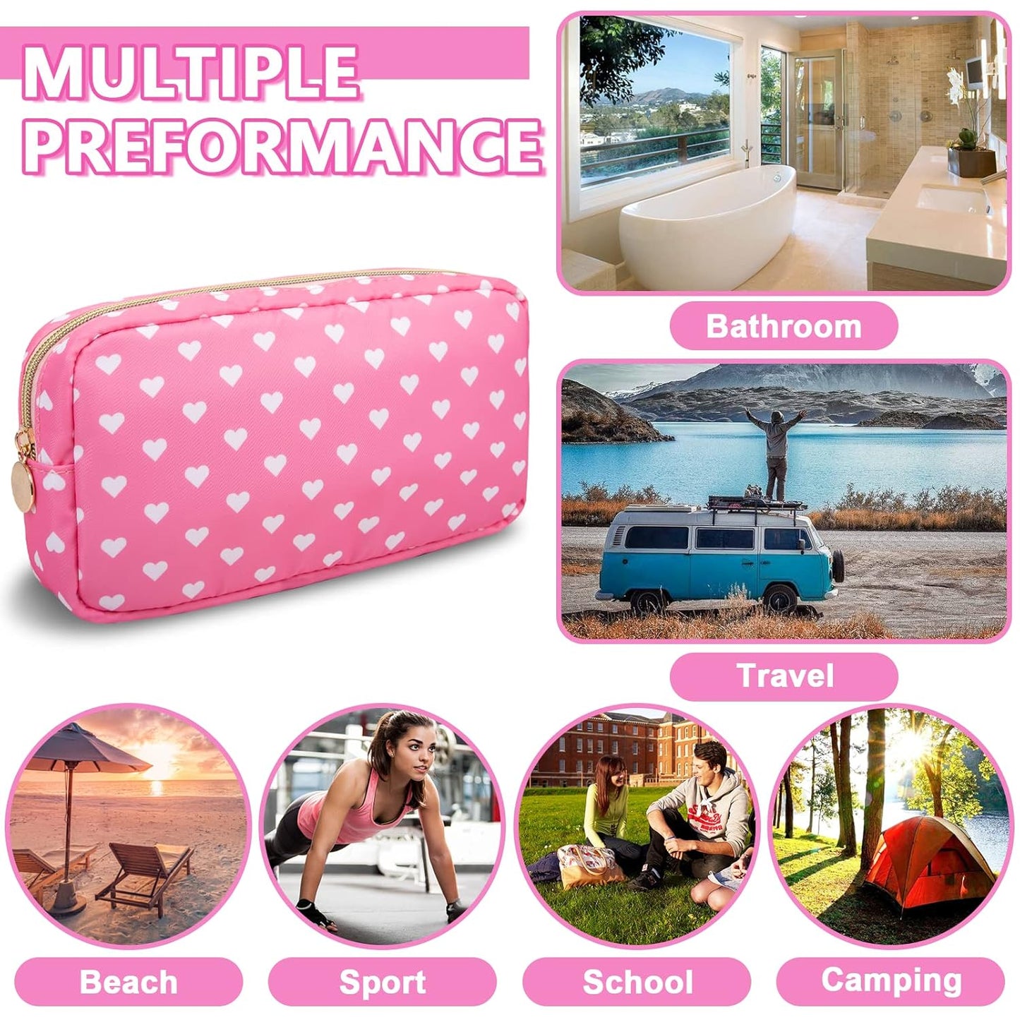 Small Makeup Pouch for Purse，Nylon Travel Toiletry Storage Cute Preppy Cosmetic Bag for Women